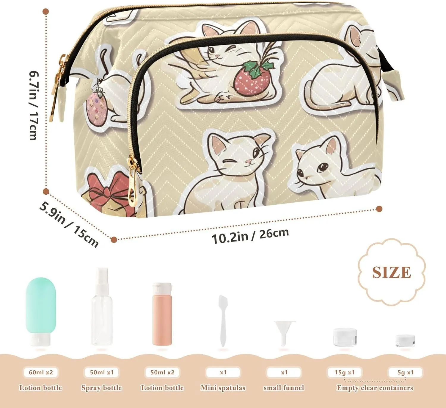 Beauty Cats Neutral Beige Makeup Bags Portable Large Cosmetic Bag Women's Coin Purse Wallet for Travel Bathroom