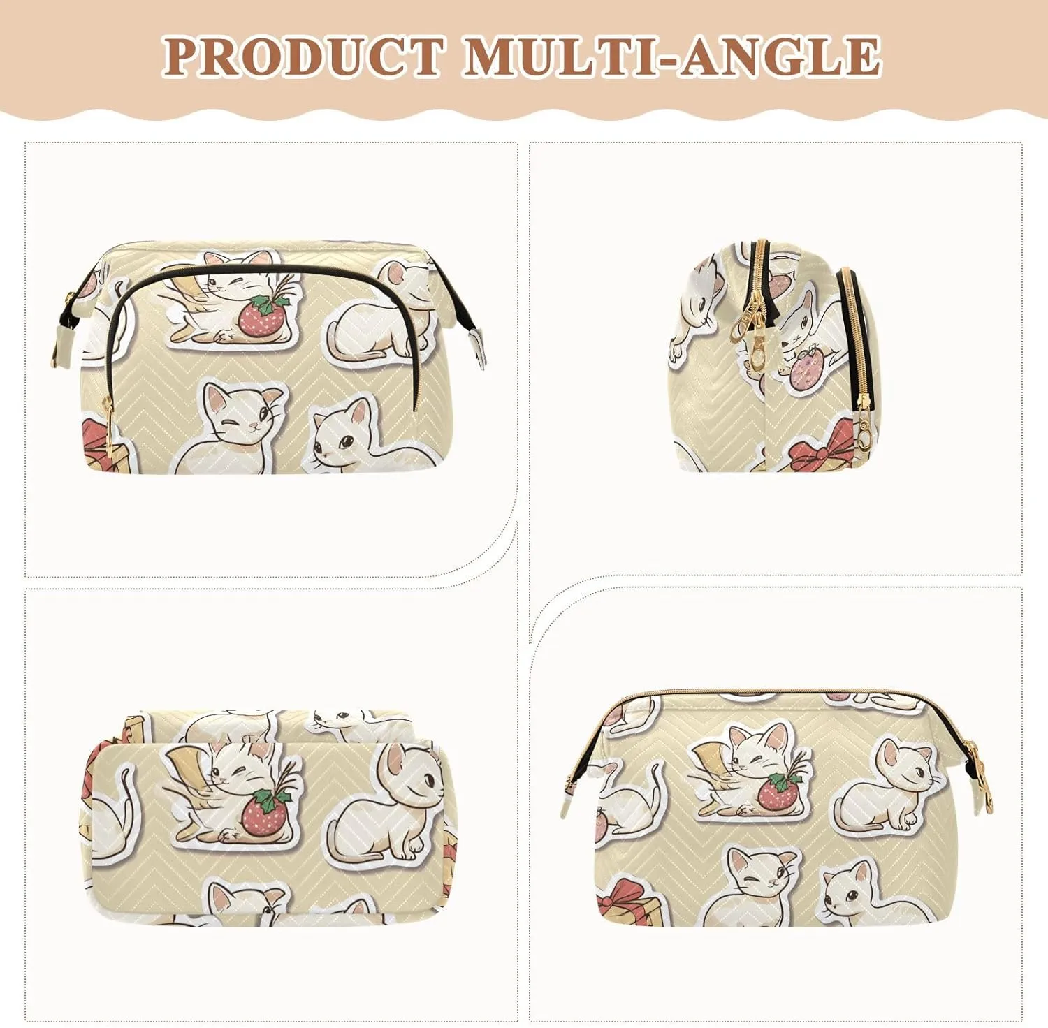Beauty Cats Neutral Beige Makeup Bags Portable Large Cosmetic Bag Women's Coin Purse Wallet for Travel Bathroom