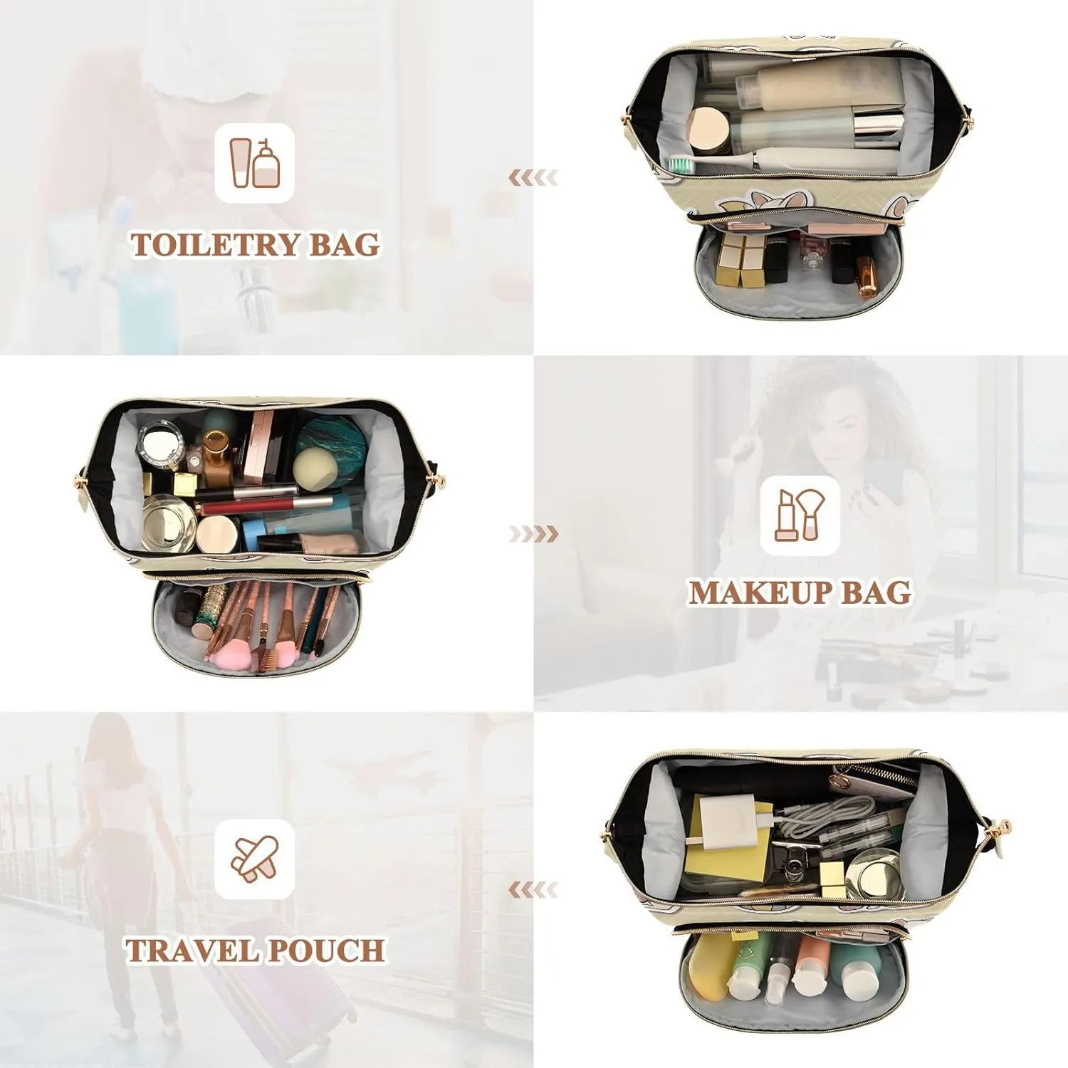 Beauty Cats Neutral Beige Makeup Bags Portable Large Cosmetic Bag Women's Coin Purse Wallet for Travel Bathroom
