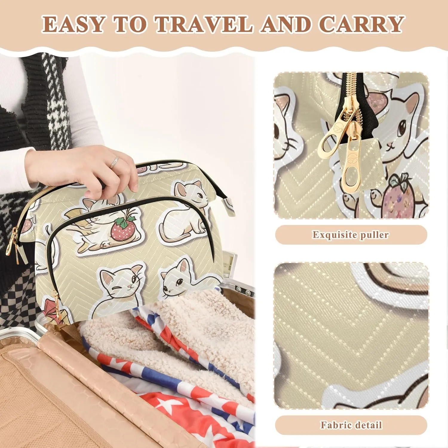 Beauty Cats Neutral Beige Makeup Bags Portable Large Cosmetic Bag Women's Coin Purse Wallet for Travel Bathroom
