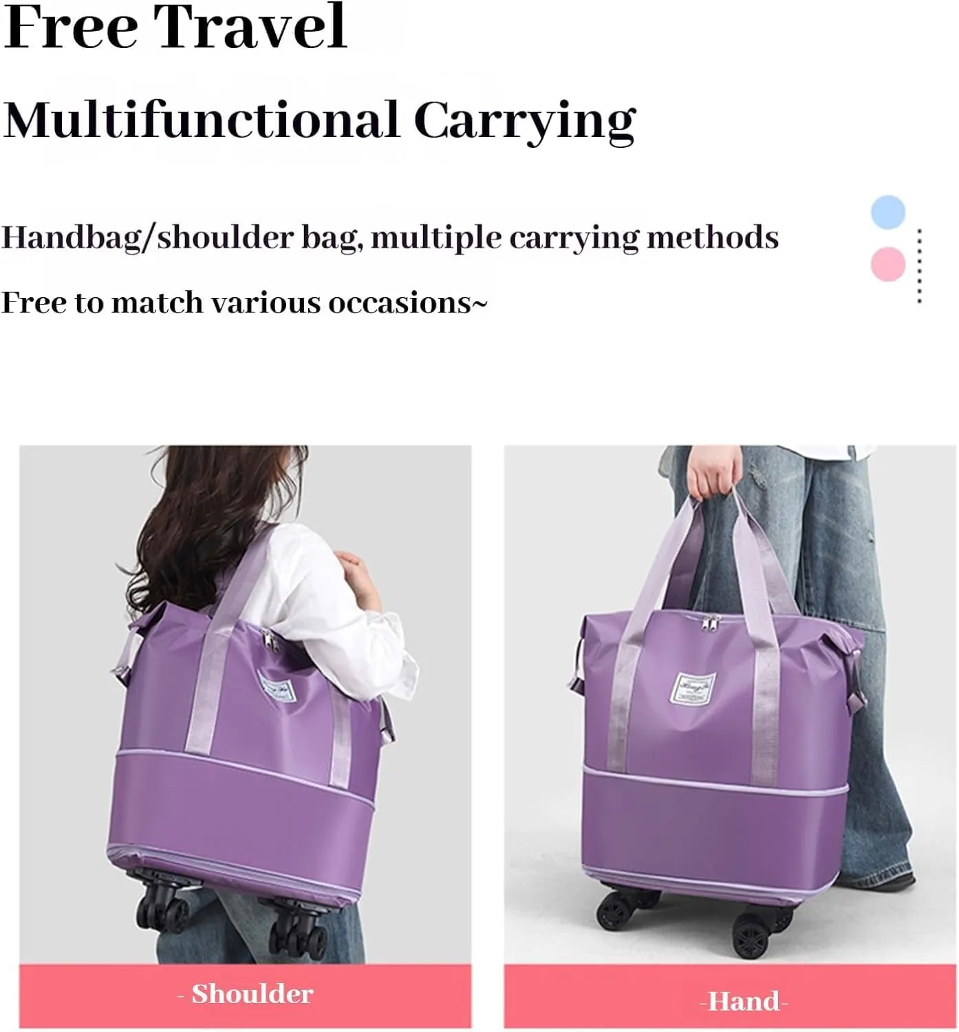 Beente Travel Bag with Wheels, Foldie Travel Bag Expandable, 2025 New Large Capacity Traveling Bags - Universal Wheel Removable, Weekend Carry on Luggage Bags (Light Purple)