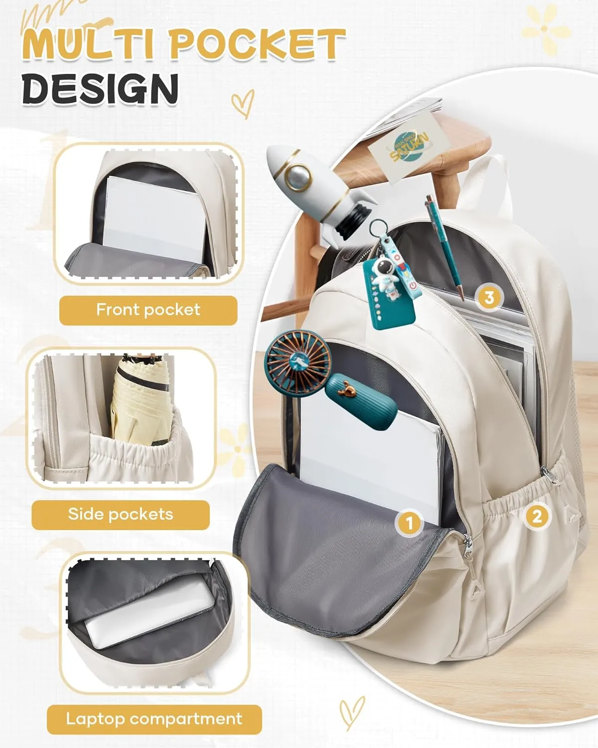 Beige Backpack for School Women Girls, Waterproof Book bags Cute High School Backpacks for Men Teen Boys, Lightweight Travel College Backpack Mochilas Escolares para Daypack Ruckssack