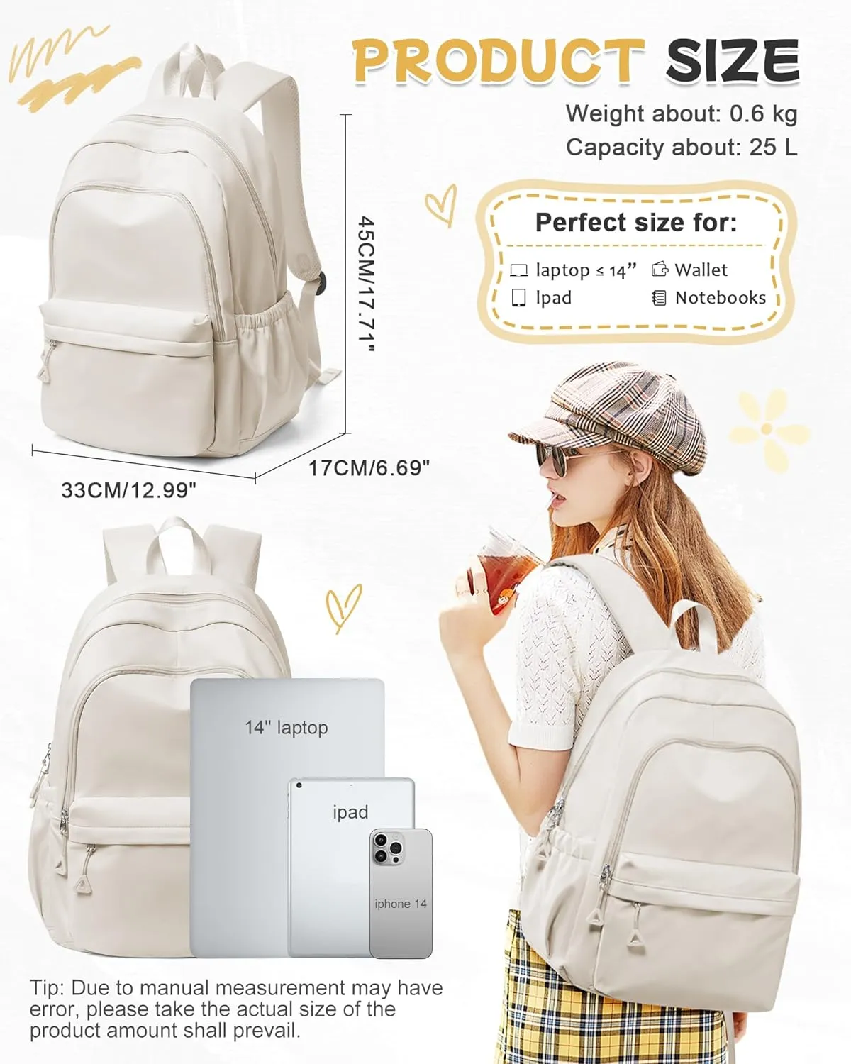 Beige Backpack for School Women Girls, Waterproof Book bags Cute High School Backpacks for Men Teen Boys, Lightweight Travel College Backpack Mochilas Escolares para Daypack Ruckssack