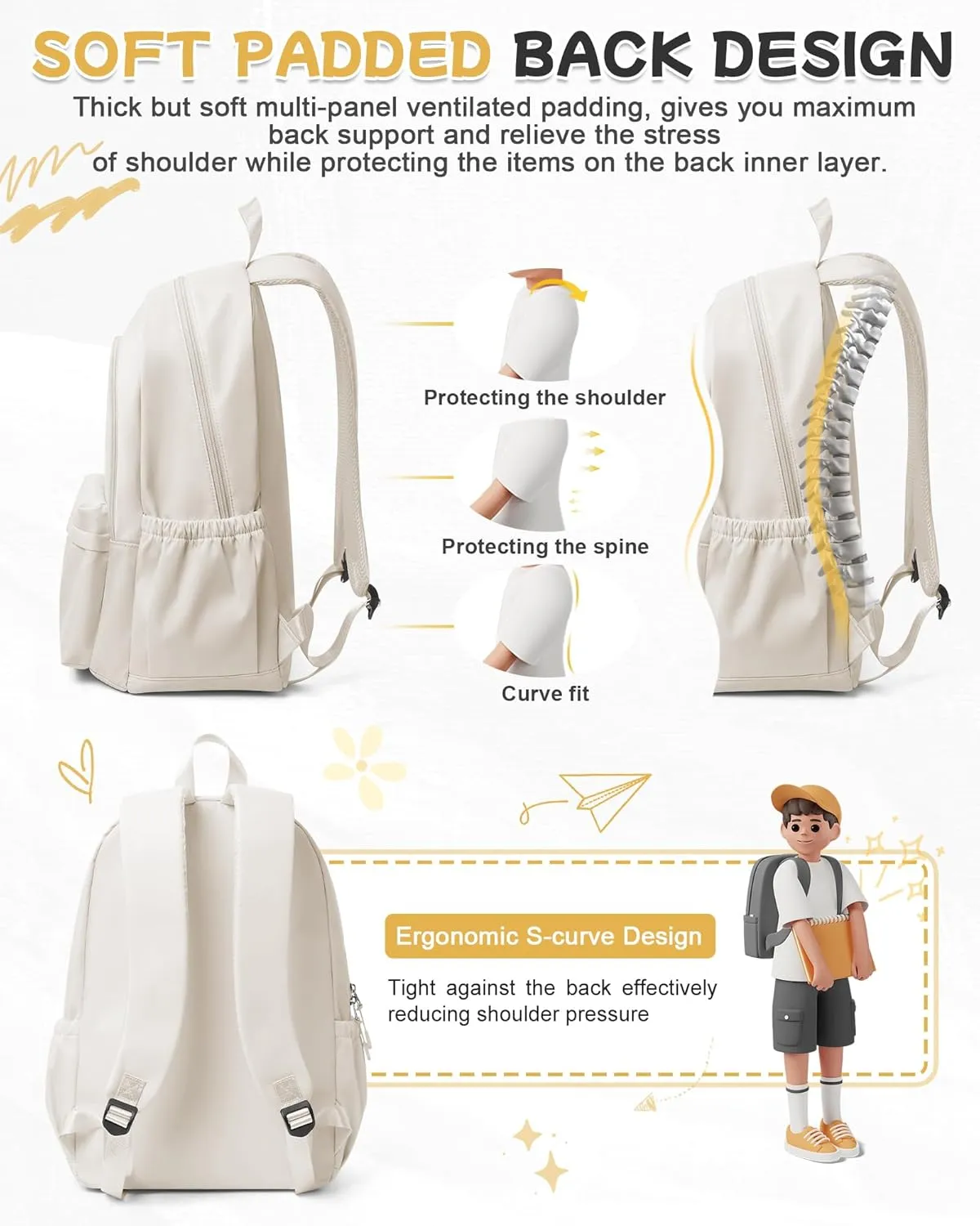 Beige Backpack for School Women Girls, Waterproof Book bags Cute High School Backpacks for Men Teen Boys, Lightweight Travel College Backpack Mochilas Escolares para Daypack Ruckssack