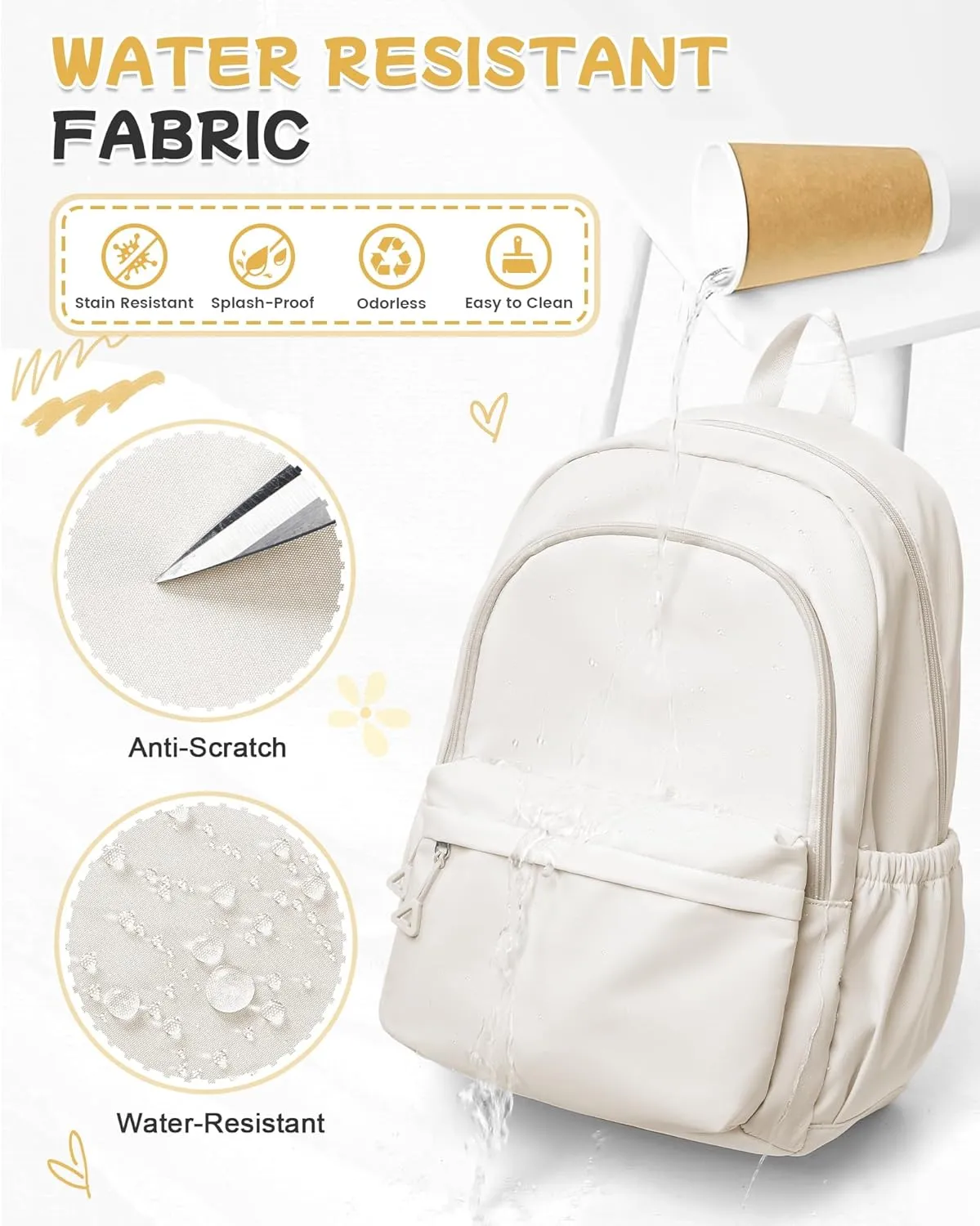 Beige Backpack for School Women Girls, Waterproof Book bags Cute High School Backpacks for Men Teen Boys, Lightweight Travel College Backpack Mochilas Escolares para Daypack Ruckssack