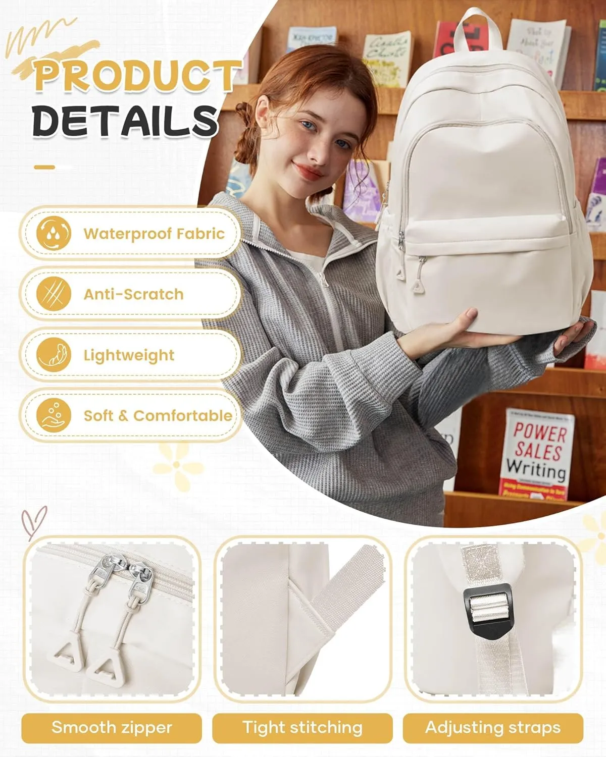 Beige Backpack for School Women Girls, Waterproof Book bags Cute High School Backpacks for Men Teen Boys, Lightweight Travel College Backpack Mochilas Escolares para Daypack Ruckssack