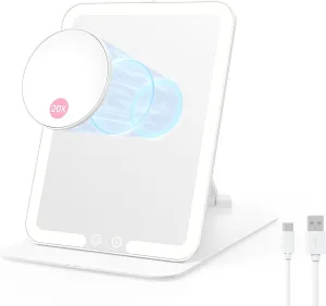 Benbilry Foldable Travel Makeup Mirror with Lights and 20X Magnification, Rechargeable Tabletop LED Vanity Mirror with Adjustable Stand, 3-Colored Dimmable Lighting, Portable Cosmetic Mirror, White