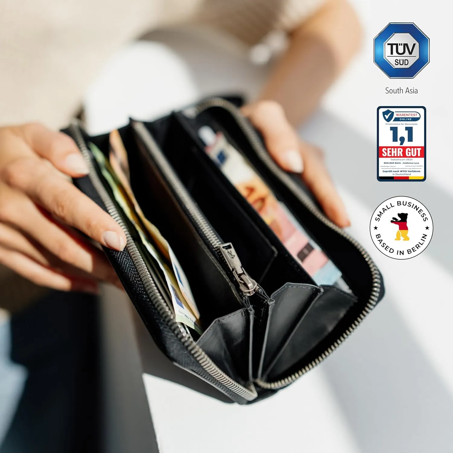 BERLINER BAGS Premium Genuine Leather Wallet Lyon, RFID Blocking Credit Card Holder, Clutch Purses for Women, Zip Around Wallet for 15 Cards and ID window, Bills, Coins - Black