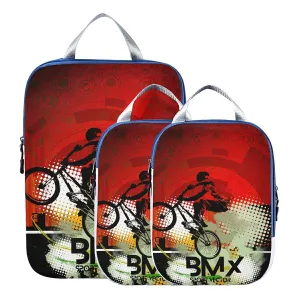 Bicycle Motocross Rider Vintage Red Background 3 Set Packing Cubes, Waterproof Check Oxford cloth Organizers, Travel Packing Toiletry Storage Bag