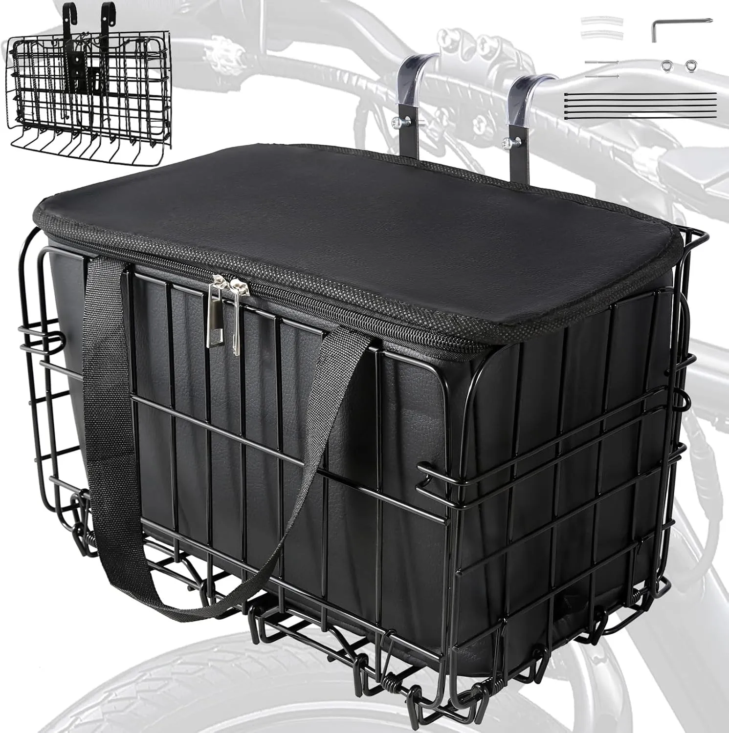 Bike Basket Front, Folding Bicycle Basket with Removable Waterproof Liner Bag, Rear Hanging Cargo Rack, Bike Accessories Frame Basket for Adult Women Men Carrying Dogs,Pet,Grocery,Quick Release Design