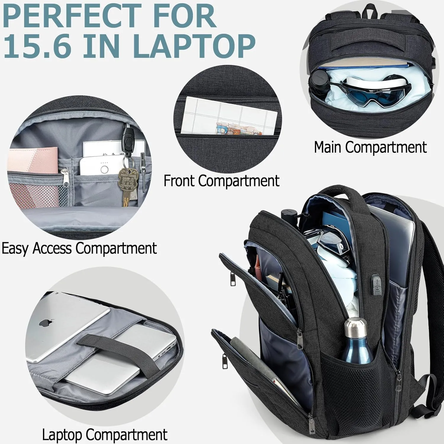 BIKROD Backpack for Men and Women, School Backpacks for Teen Boys Water Resistant TSA Travel Backpack with USB Charging Port, Business Anti Theft Sturdy Computer Bag Gifts Fits 15.6 Inch Laptop,Black
