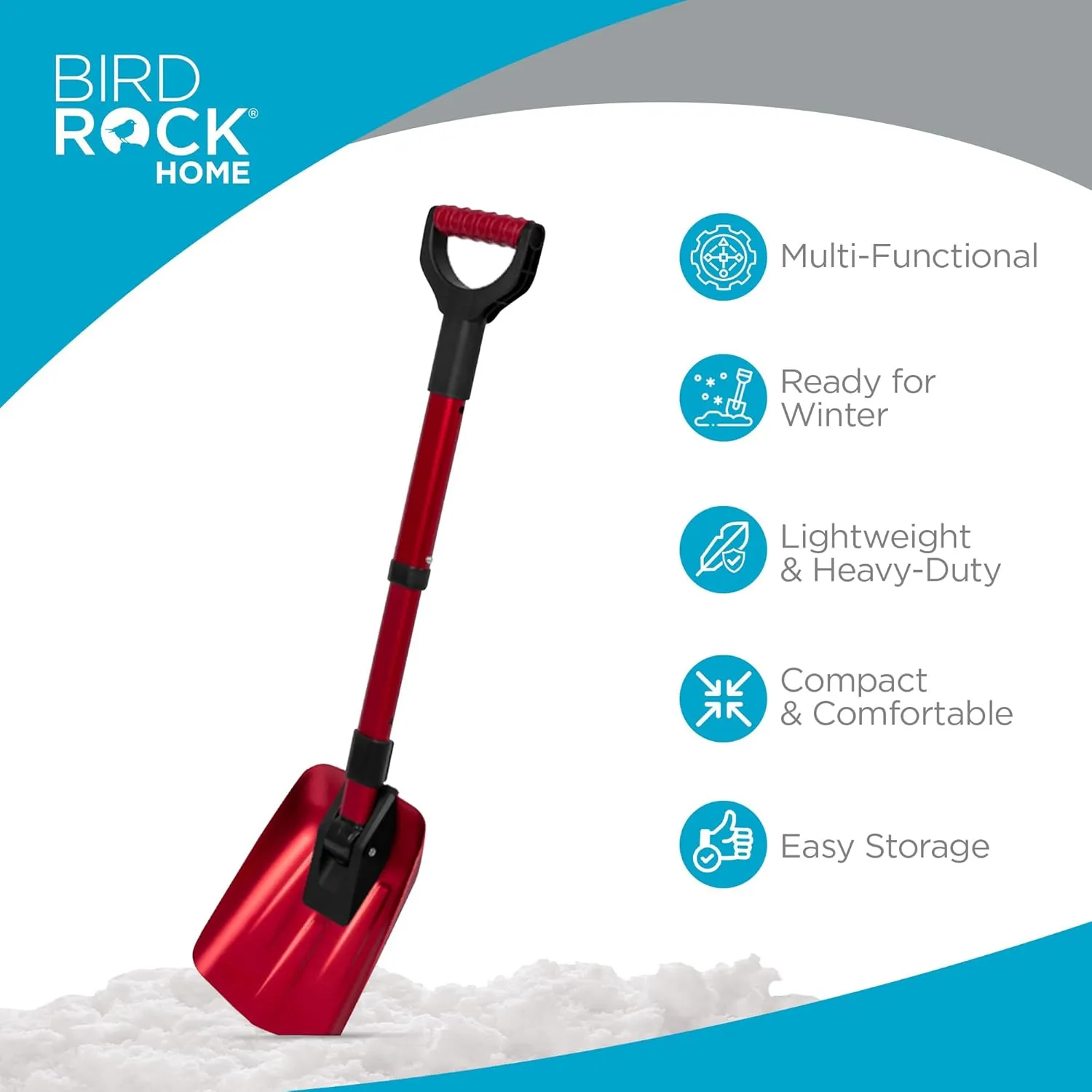 BIRDROCK HOME Folding Emergency Snow Shovel - Compact Tool for Winter Survival, Car, Snowmobiles, ATV - Lightweight Collapsible Gear for Skiing, Camping, Mud, Avalanche, Sand, Adventure - 34”, 1 Pack