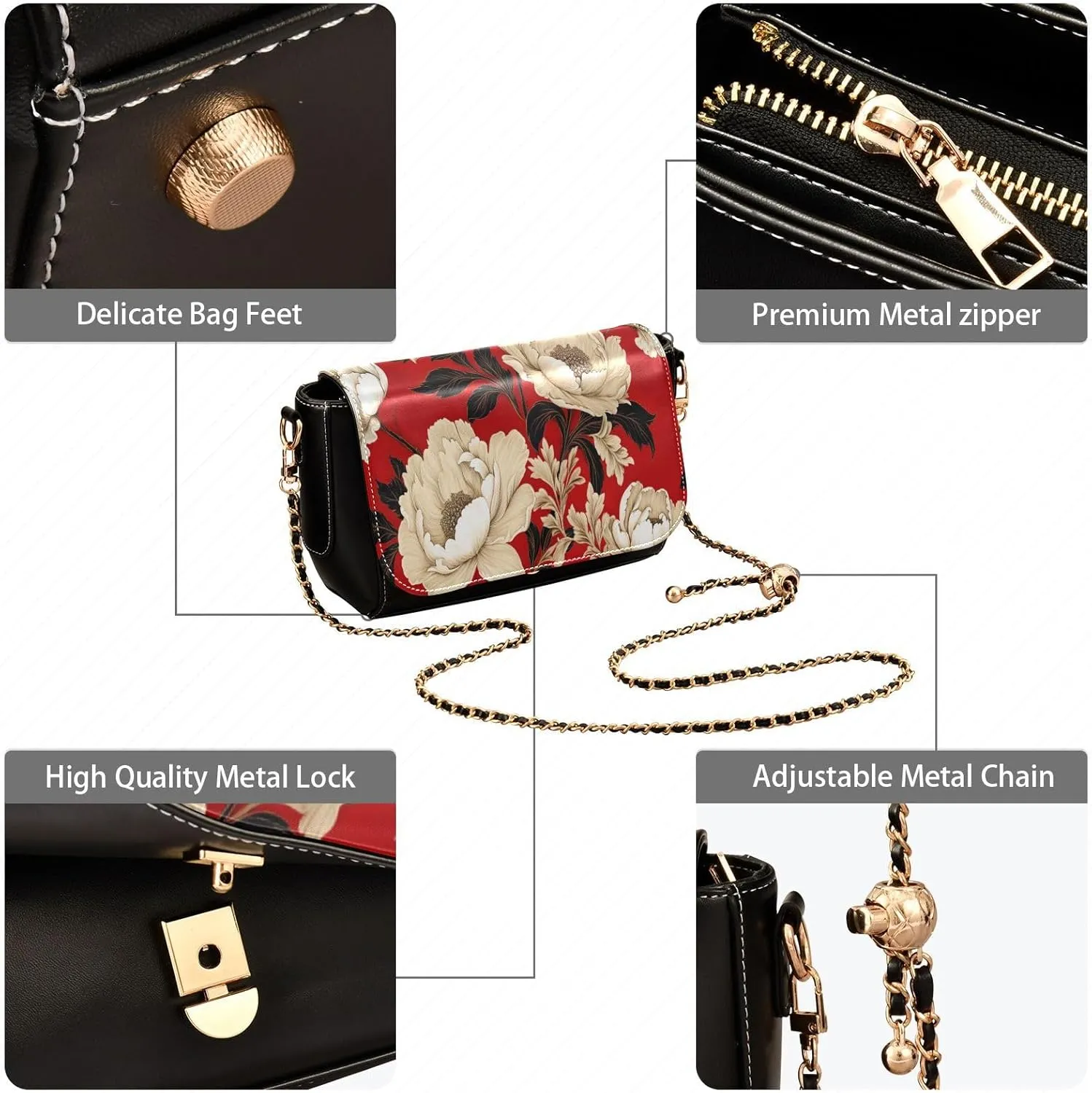 Black Apples on a White Pattern Leather Crossbody Bag, Leather Crossbody Purses for Women Trendy, Leather Ladies Bag