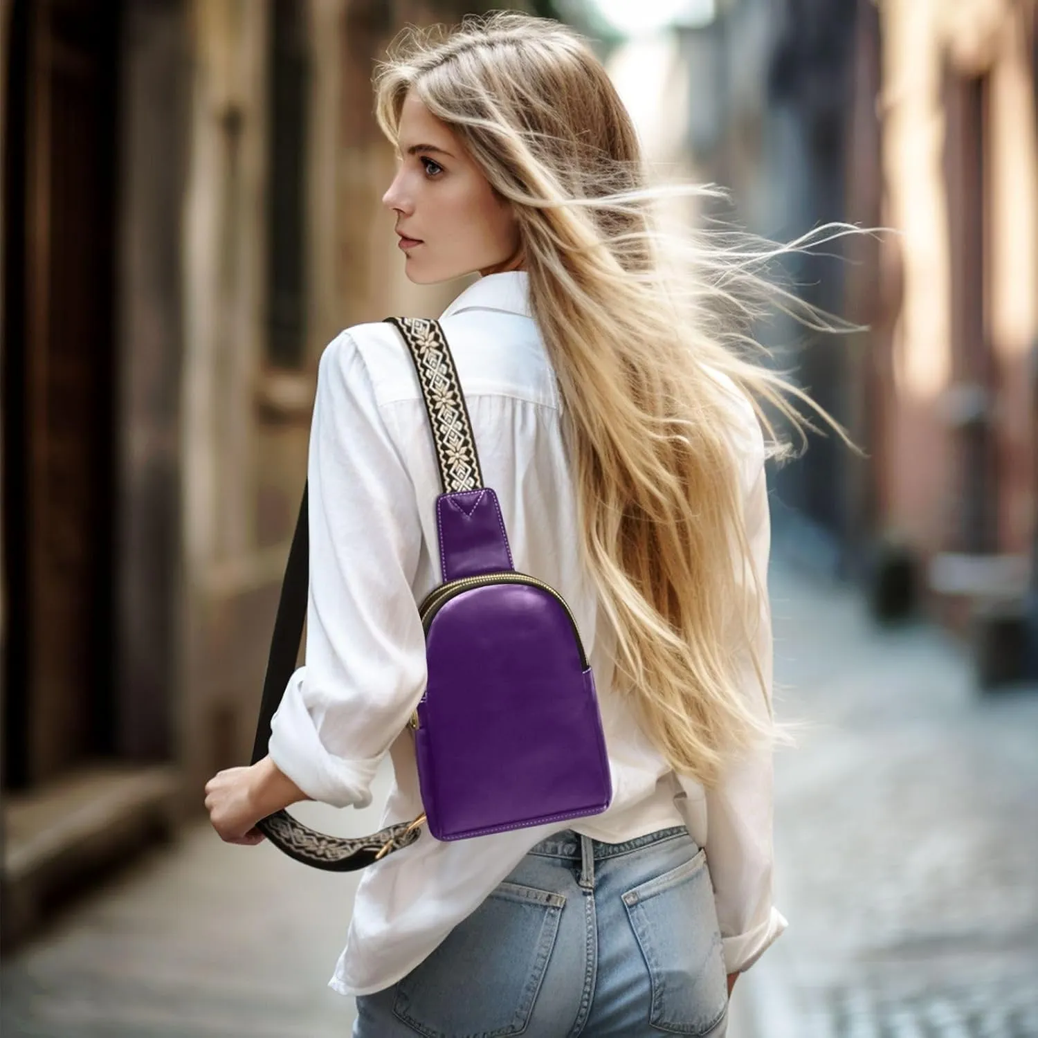 Black Purple Sling Bag for Women Men Fanny Packs Small Crossbody Bags for Women Leather Crossbody Purse Belt Bag Waterproof Chest Bag for Sports Hiking Travel Running