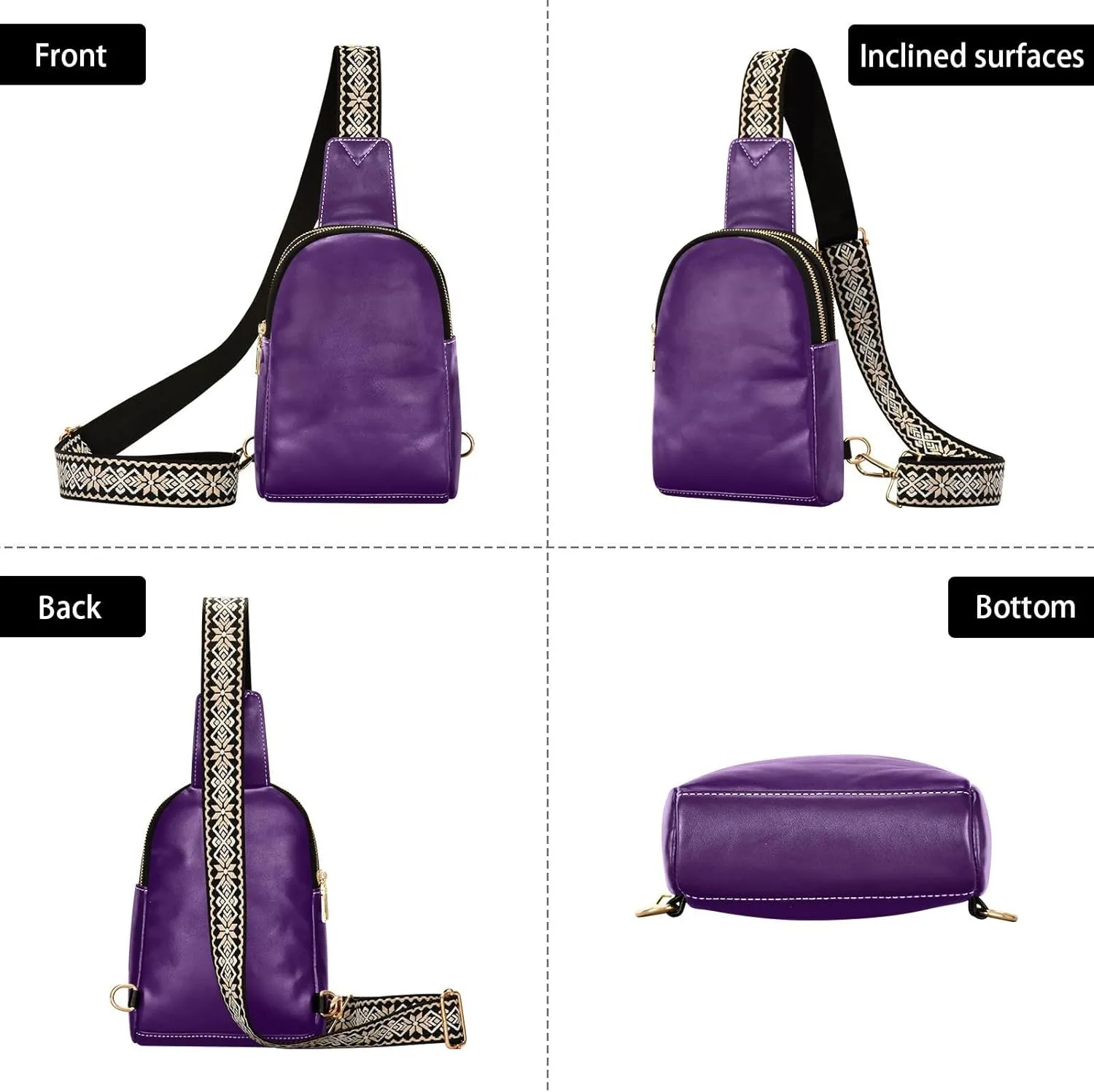 Black Purple Sling Bag for Women Men Fanny Packs Small Crossbody Bags for Women Leather Crossbody Purse Belt Bag Waterproof Chest Bag for Sports Hiking Travel Running