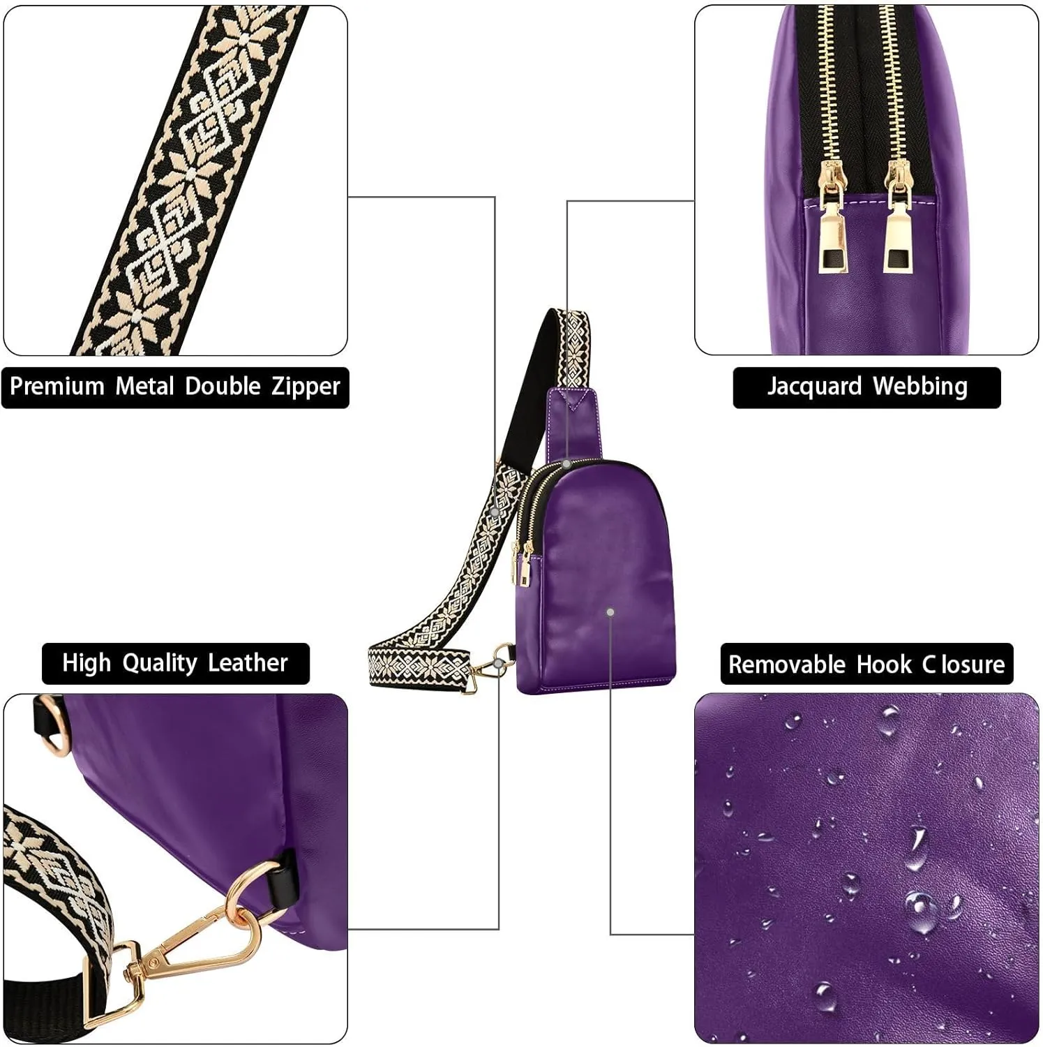 Black Purple Sling Bag for Women Men Fanny Packs Small Crossbody Bags for Women Leather Crossbody Purse Belt Bag Waterproof Chest Bag for Sports Hiking Travel Running