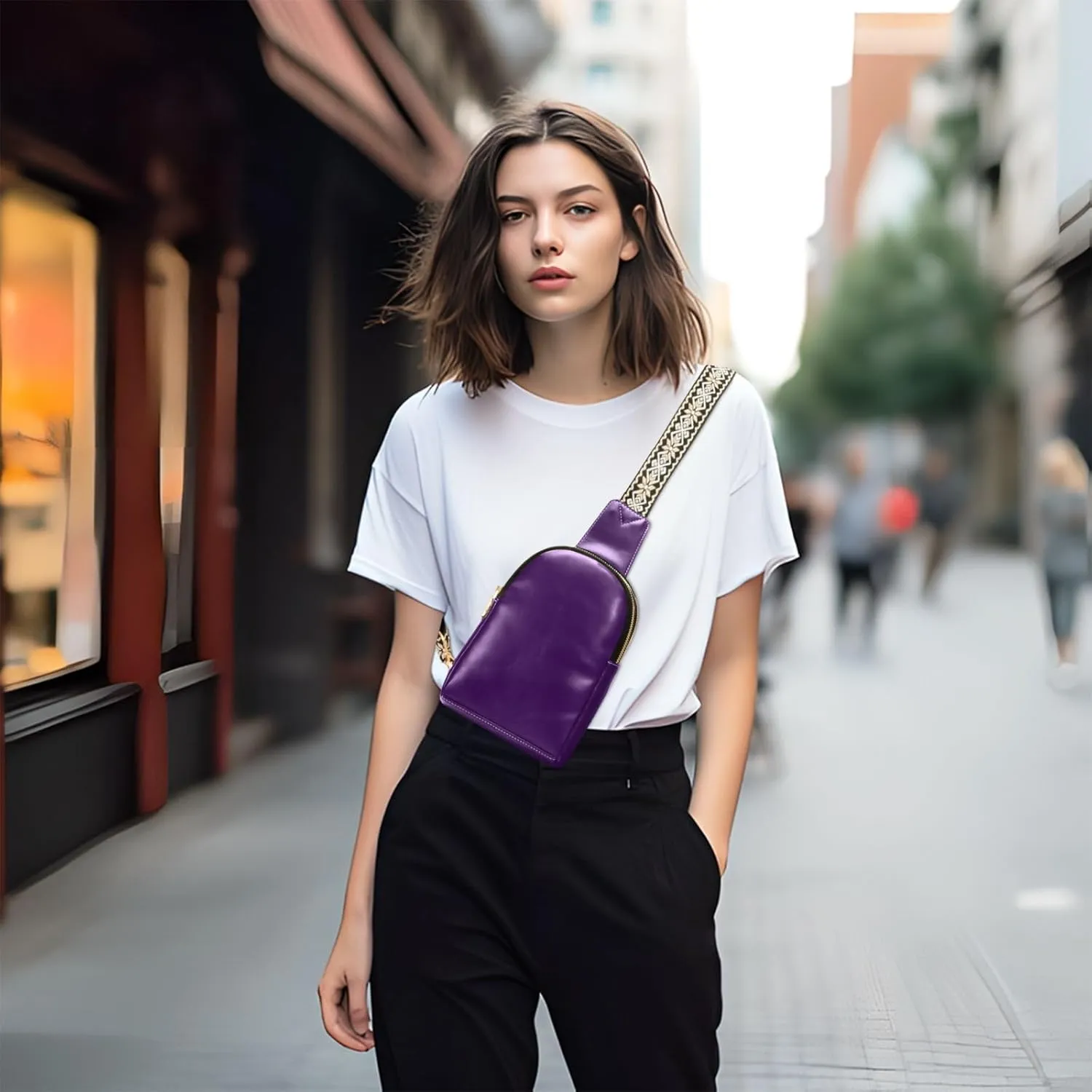 Black Purple Sling Bag for Women Men Fanny Packs Small Crossbody Bags for Women Leather Crossbody Purse Belt Bag Waterproof Chest Bag for Sports Hiking Travel Running