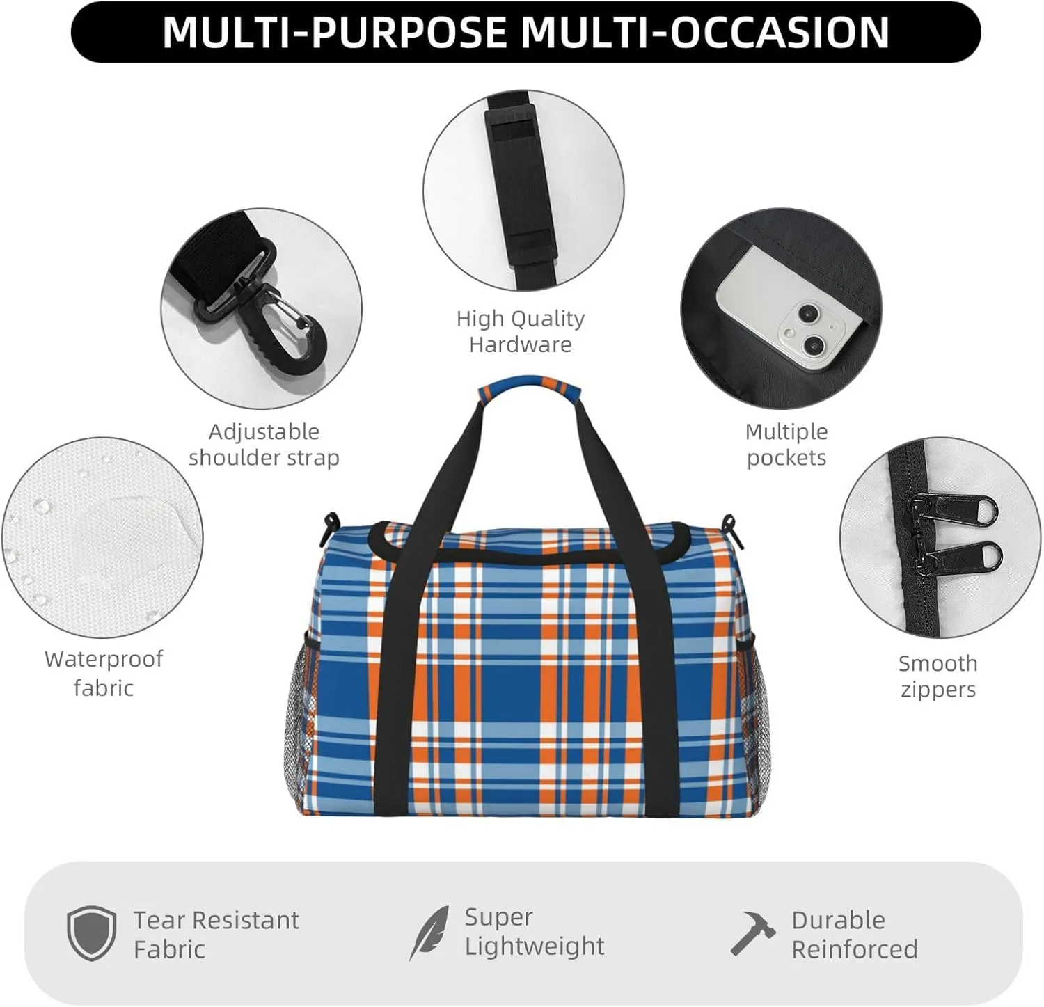 Blue And Orange Plaid Travel Duffel Bag Large Foldable Waterproof Overnight Bag For Beach Swim Bags Pool Sports Gym