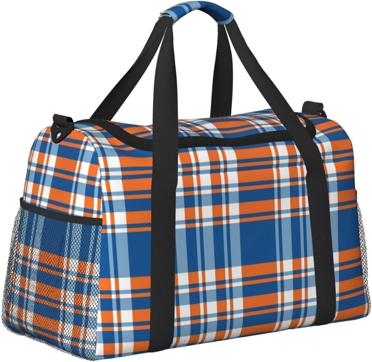 Blue And Orange Plaid Travel Duffel Bag Large Foldable Waterproof Overnight Bag For Beach Swim Bags Pool Sports Gym
