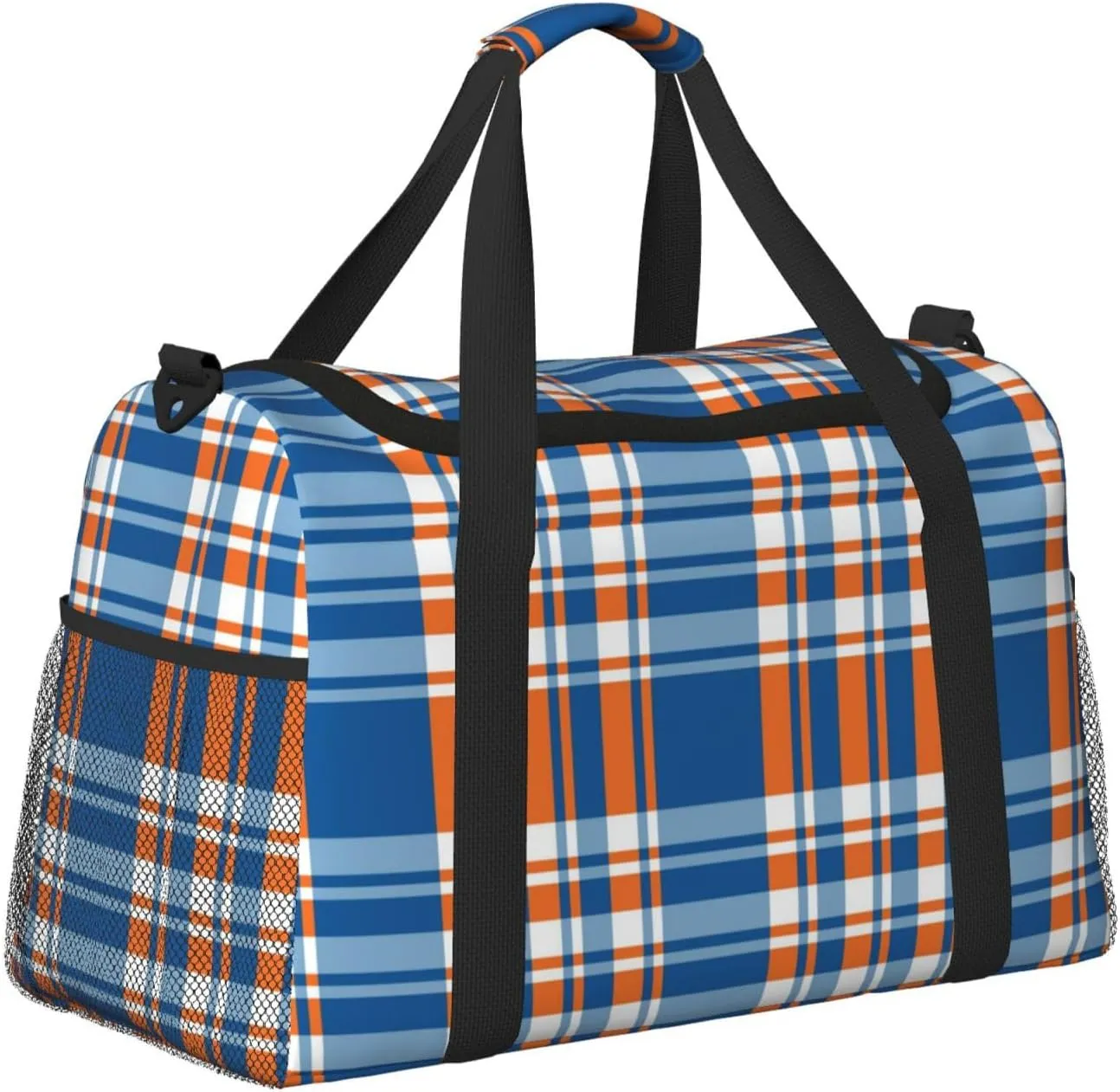 Blue And Orange Plaid Travel Duffel Bag Large Foldable Waterproof Overnight Bag For Beach Swim Bags Pool Sports Gym