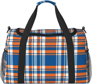 Blue And Orange Plaid Travel Duffel Bag Large Foldable Waterproof Overnight Bag For Beach Swim Bags Pool Sports Gym