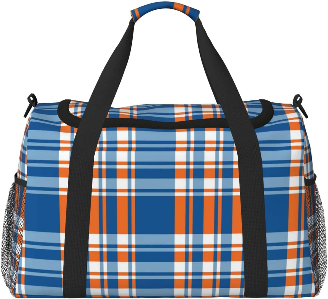 Blue And Orange Plaid Travel Duffel Bag Large Foldable Waterproof Overnight Bag For Beach Swim Bags Pool Sports Gym
