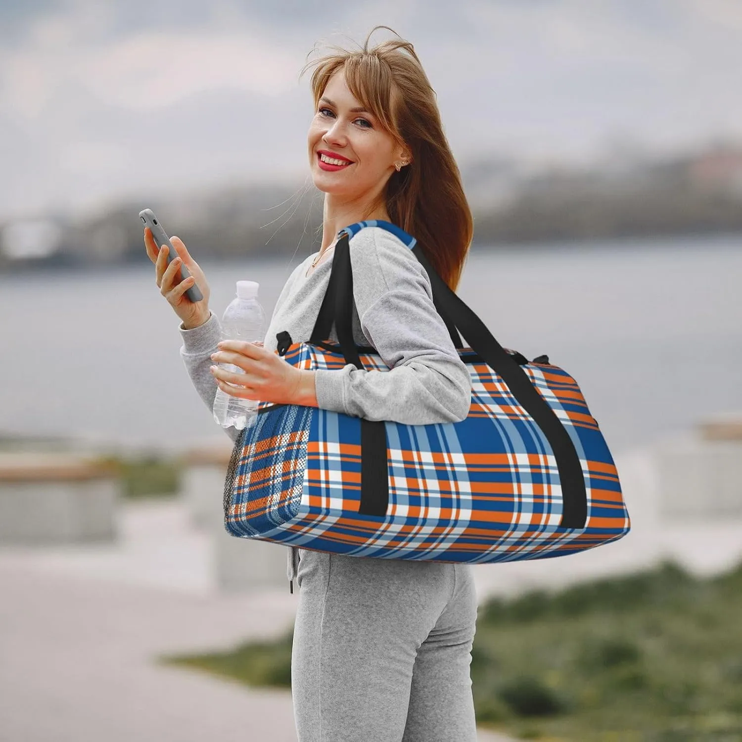 Blue And Orange Plaid Travel Duffel Bag Large Foldable Waterproof Overnight Bag For Beach Swim Bags Pool Sports Gym