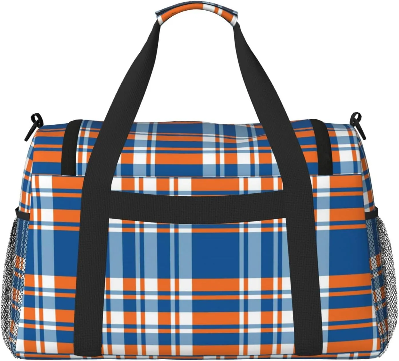 Blue And Orange Plaid Travel Duffel Bag Large Foldable Waterproof Overnight Bag For Beach Swim Bags Pool Sports Gym