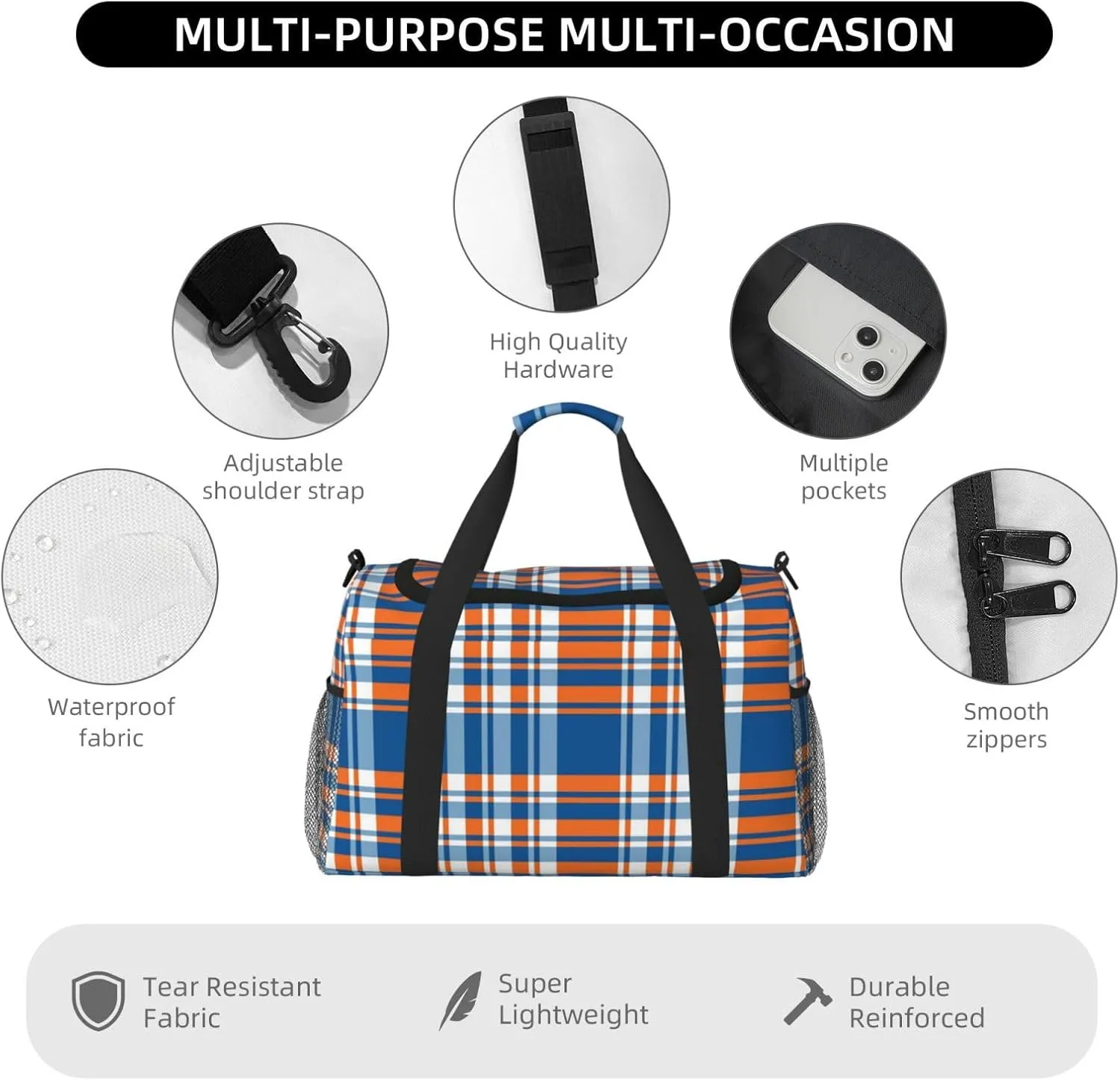 Blue And Orange Plaid Travel Duffel Bag Large Foldable Waterproof Overnight Bag For Beach Swim Bags Pool Sports Gym