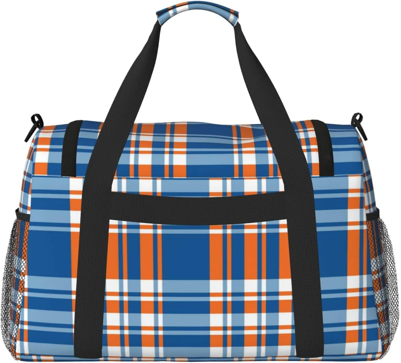 Blue And Orange Plaid Travel Duffel Bag Large Foldable Waterproof Overnight Bag For Beach Swim Bags Pool Sports Gym