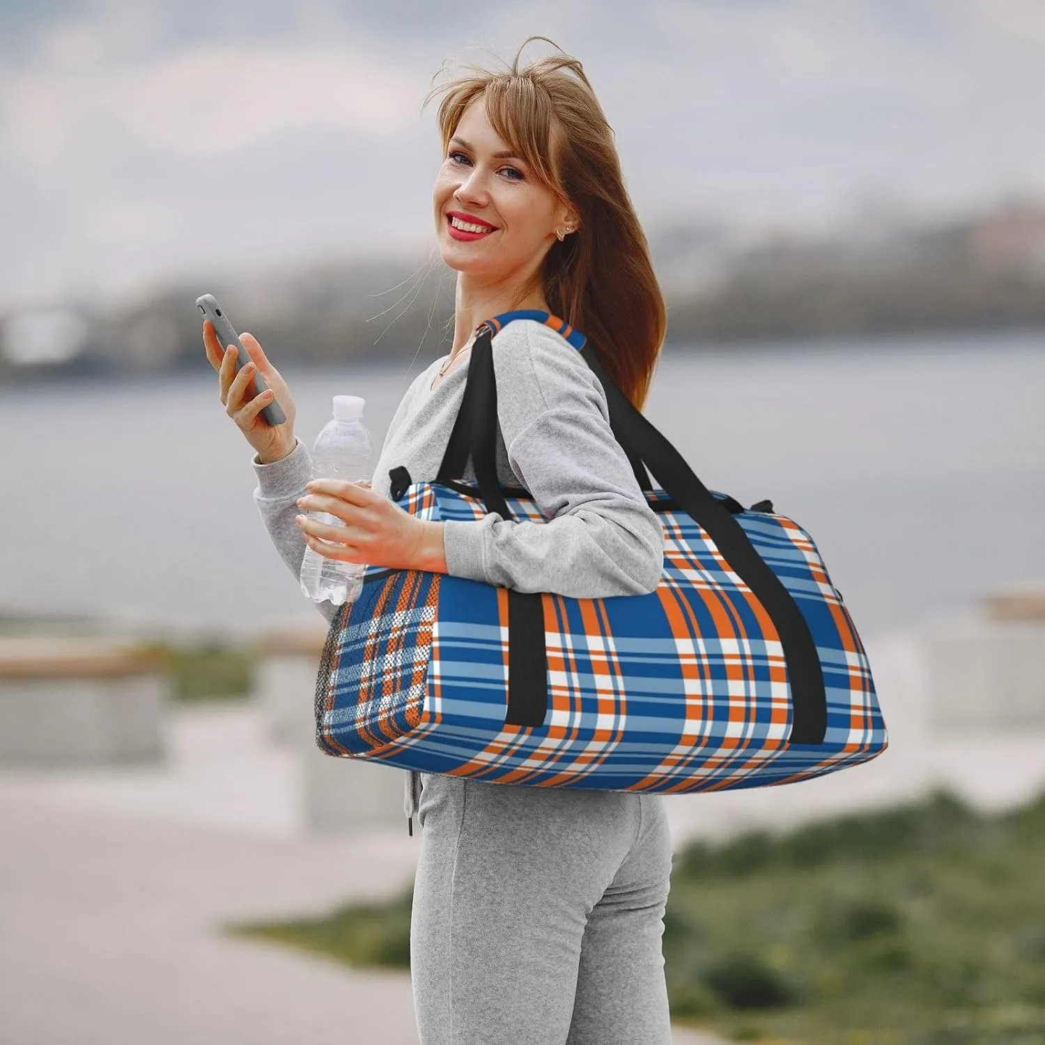 Blue And Orange Plaid Travel Duffel Bag Large Foldable Waterproof Overnight Bag For Beach Swim Bags Pool Sports Gym
