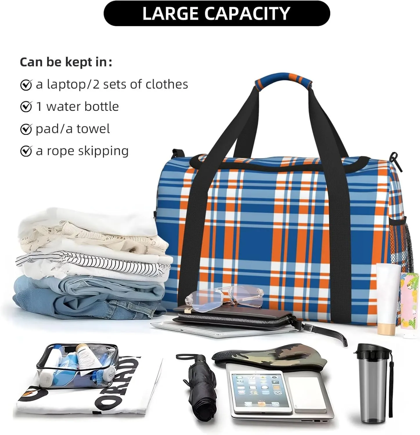 Blue And Orange Plaid Travel Duffel Bag Large Foldable Waterproof Overnight Bag For Beach Swim Bags Pool Sports Gym