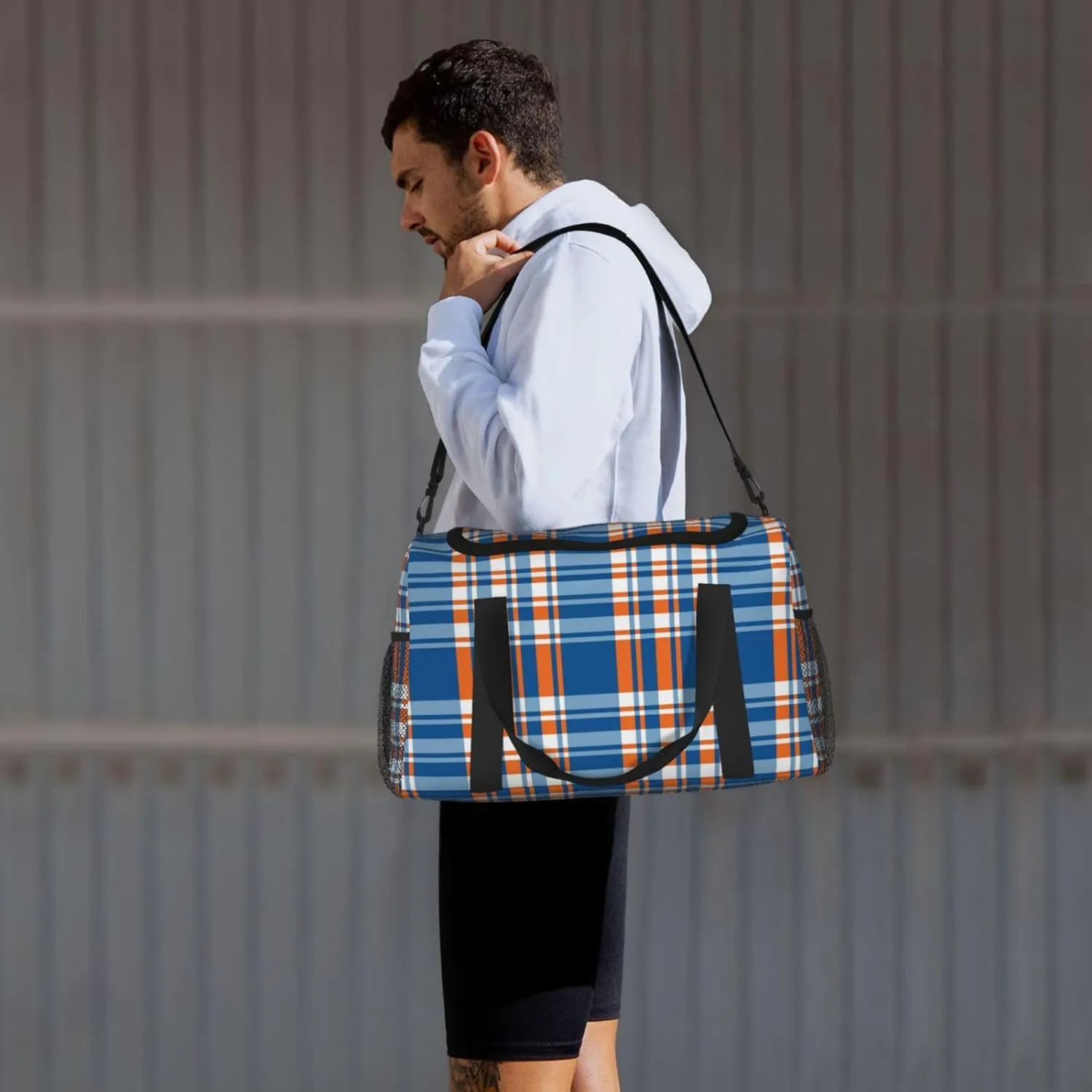 Blue And Orange Plaid Travel Duffel Bag Large Foldable Waterproof Overnight Bag For Beach Swim Bags Pool Sports Gym