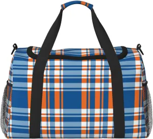 Blue And Orange Plaid Travel Duffel Bag Large Foldable Waterproof Overnight Bag For Beach Swim Bags Pool Sports Gym