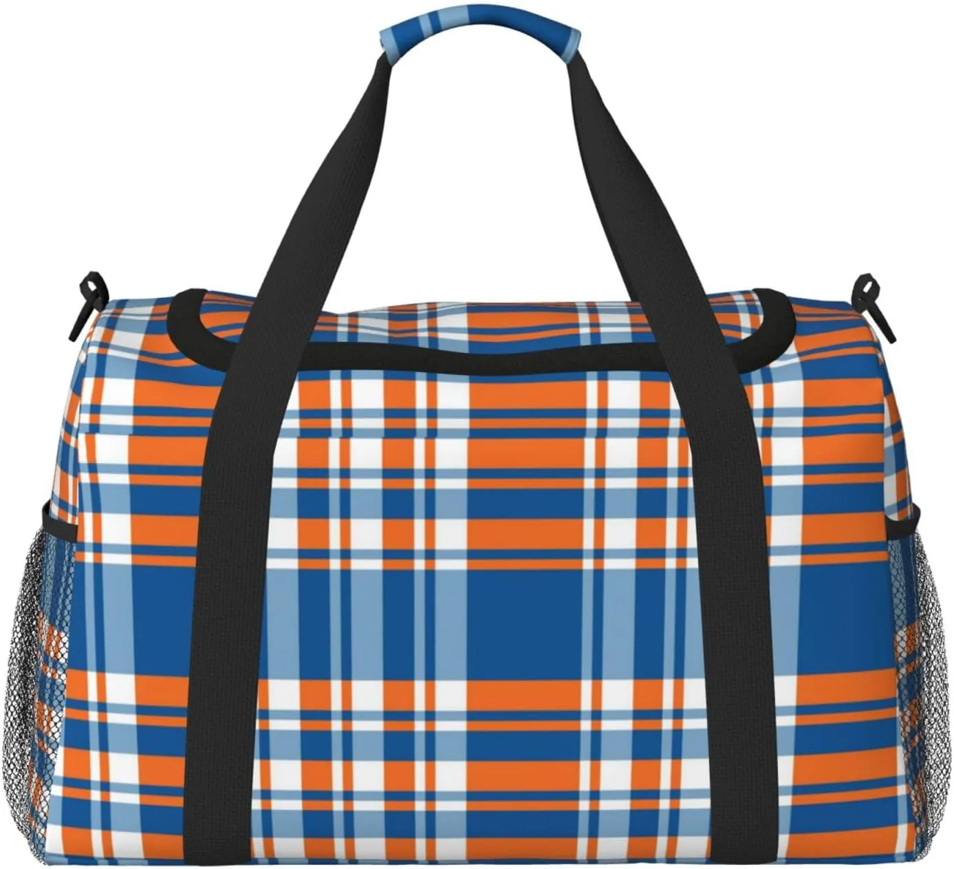 Blue And Orange Plaid Travel Duffel Bag Large Foldable Waterproof Overnight Bag For Beach Swim Bags Pool Sports Gym