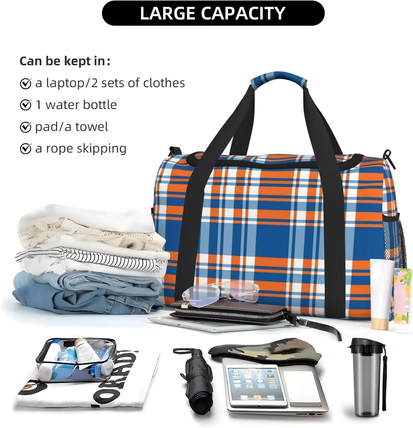 Blue And Orange Plaid Travel Duffel Bag Large Foldable Waterproof Overnight Bag For Beach Swim Bags Pool Sports Gym
