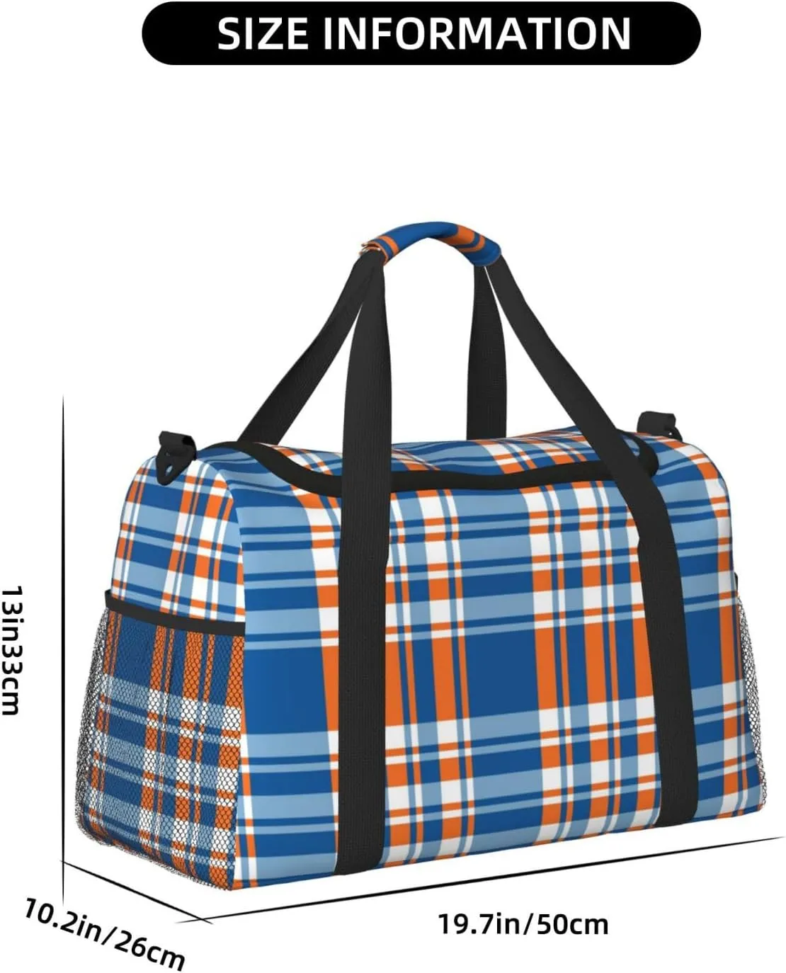 Blue And Orange Plaid Travel Duffel Bag Large Foldable Waterproof Overnight Bag For Beach Swim Bags Pool Sports Gym