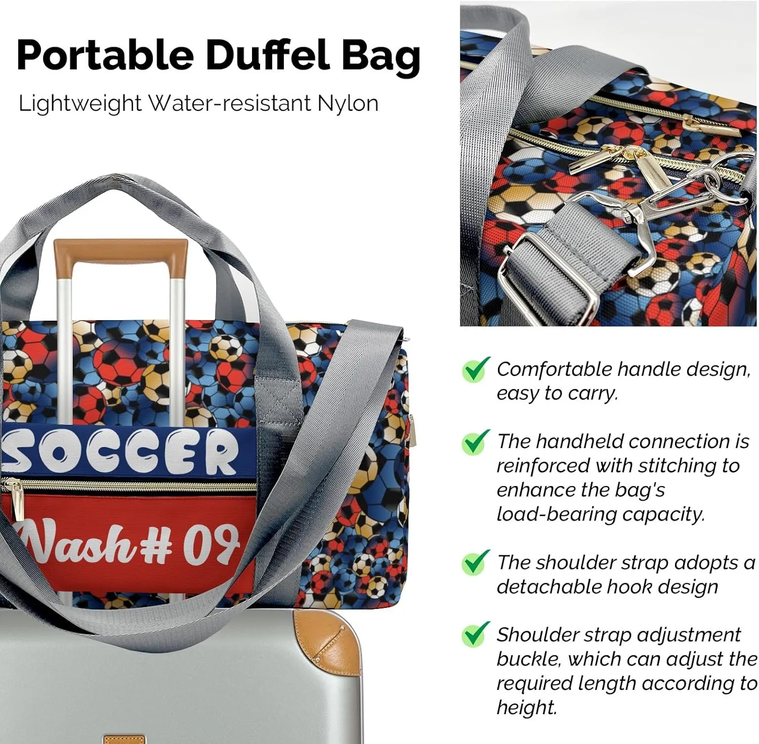 Blue Gold Red Soccer Customized Duffel Bags with Ventilation Holes for Shoes Travel Bag Personalized Gift