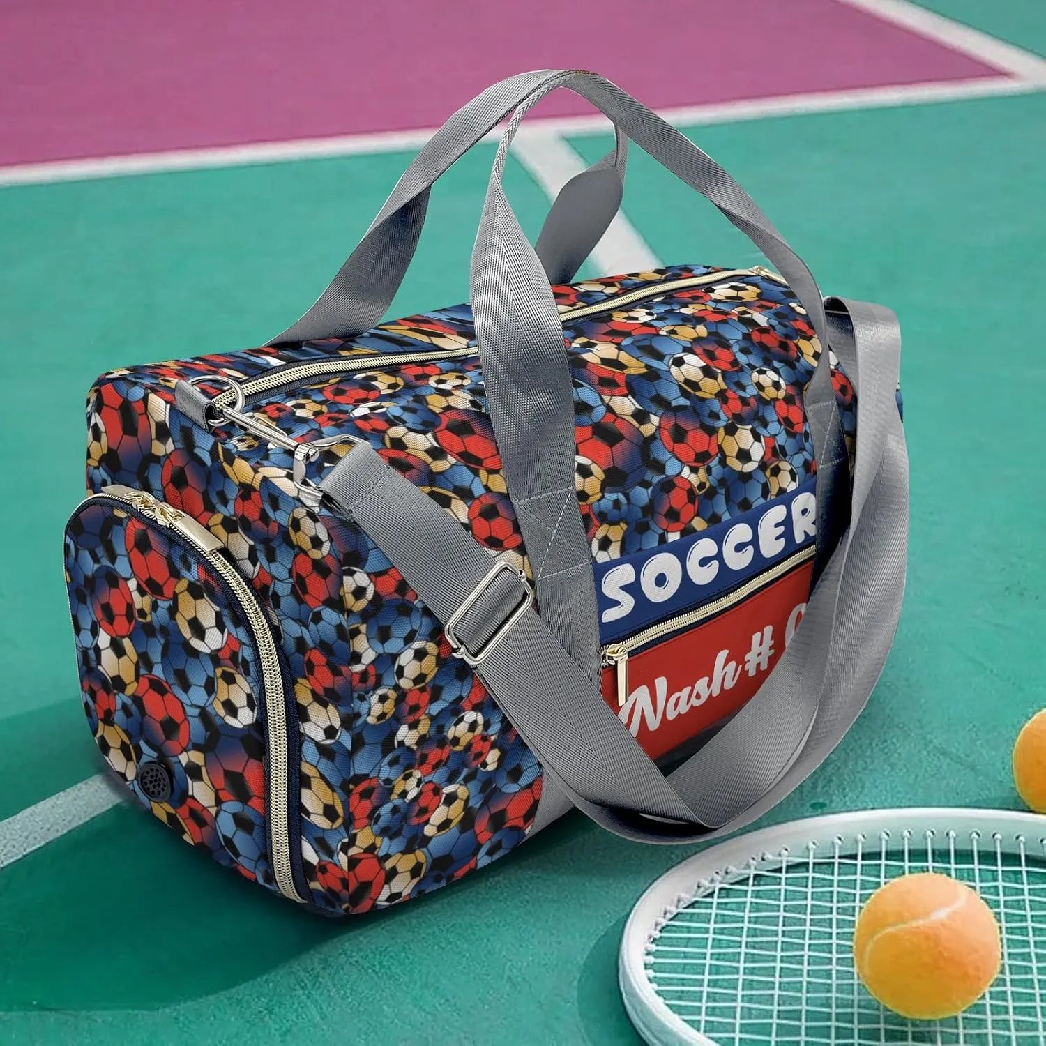 Blue Gold Red Soccer Customized Duffel Bags with Ventilation Holes for Shoes Travel Bag Personalized Gift