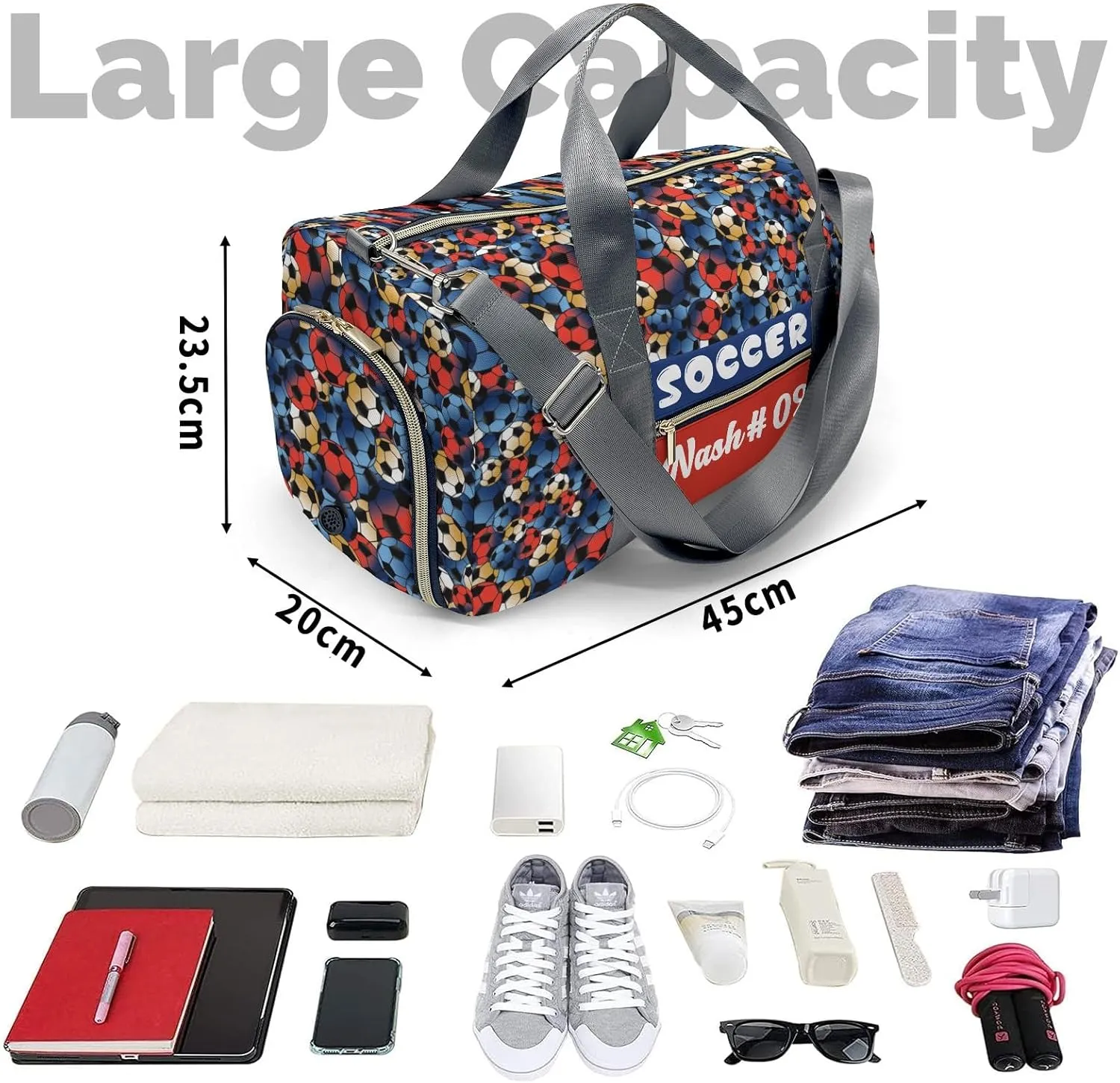 Blue Gold Red Soccer Customized Duffel Bags with Ventilation Holes for Shoes Travel Bag Personalized Gift