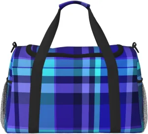 Blue Plaid Travel Duffel Bag Large Foldable Waterproof Overnight Bag For Beach Swim Bags Pool Sports Gym