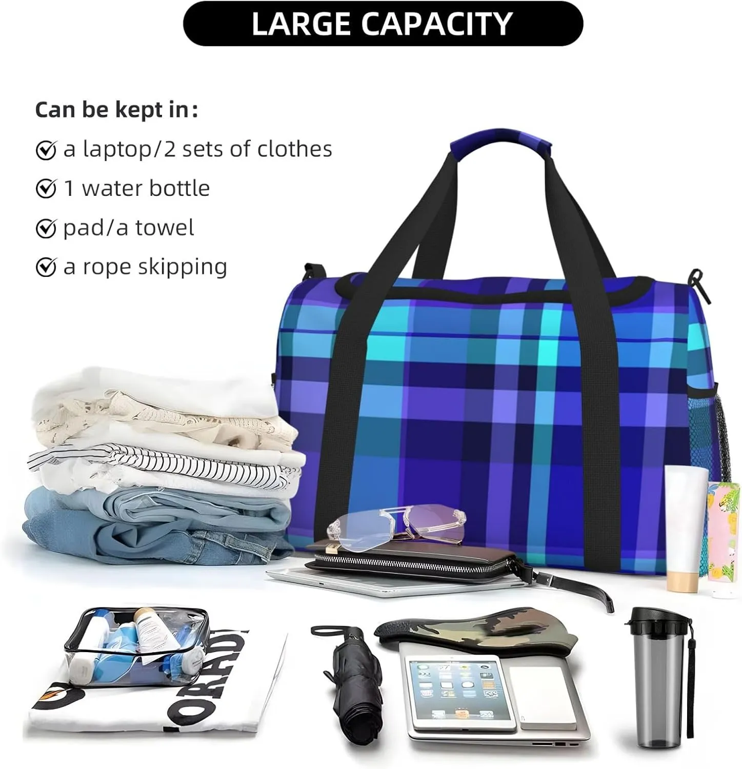 Blue Plaid Travel Duffel Bag Large Foldable Waterproof Overnight Bag For Beach Swim Bags Pool Sports Gym