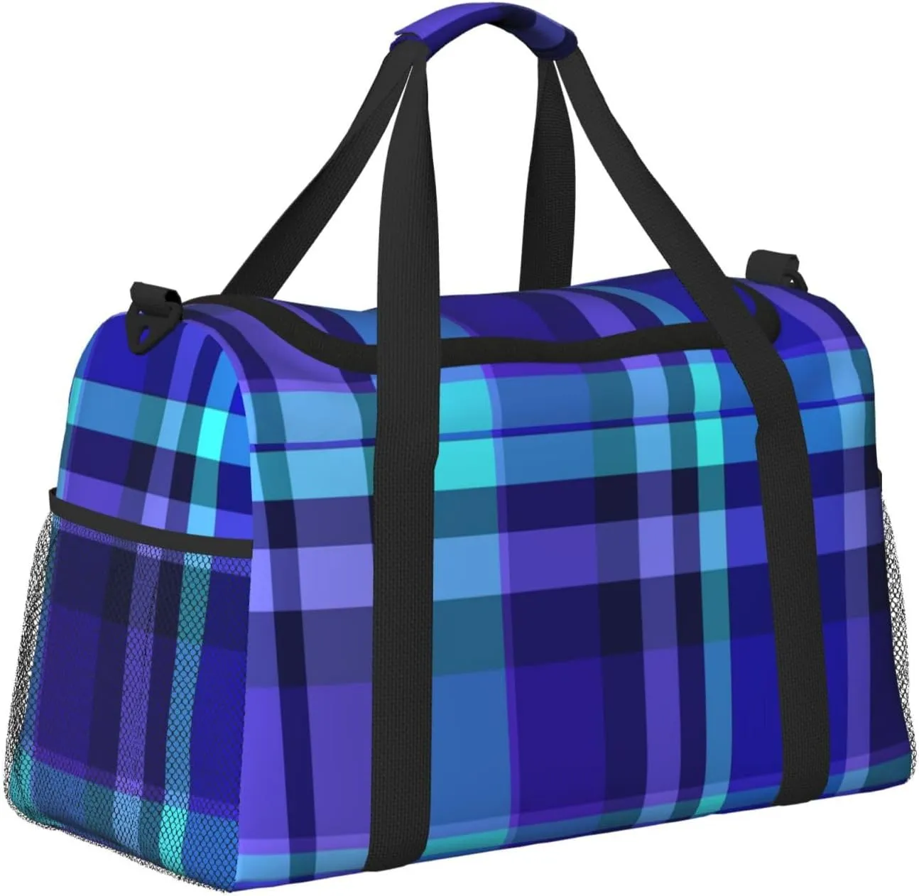 Blue Plaid Travel Duffel Bag Large Foldable Waterproof Overnight Bag For Beach Swim Bags Pool Sports Gym