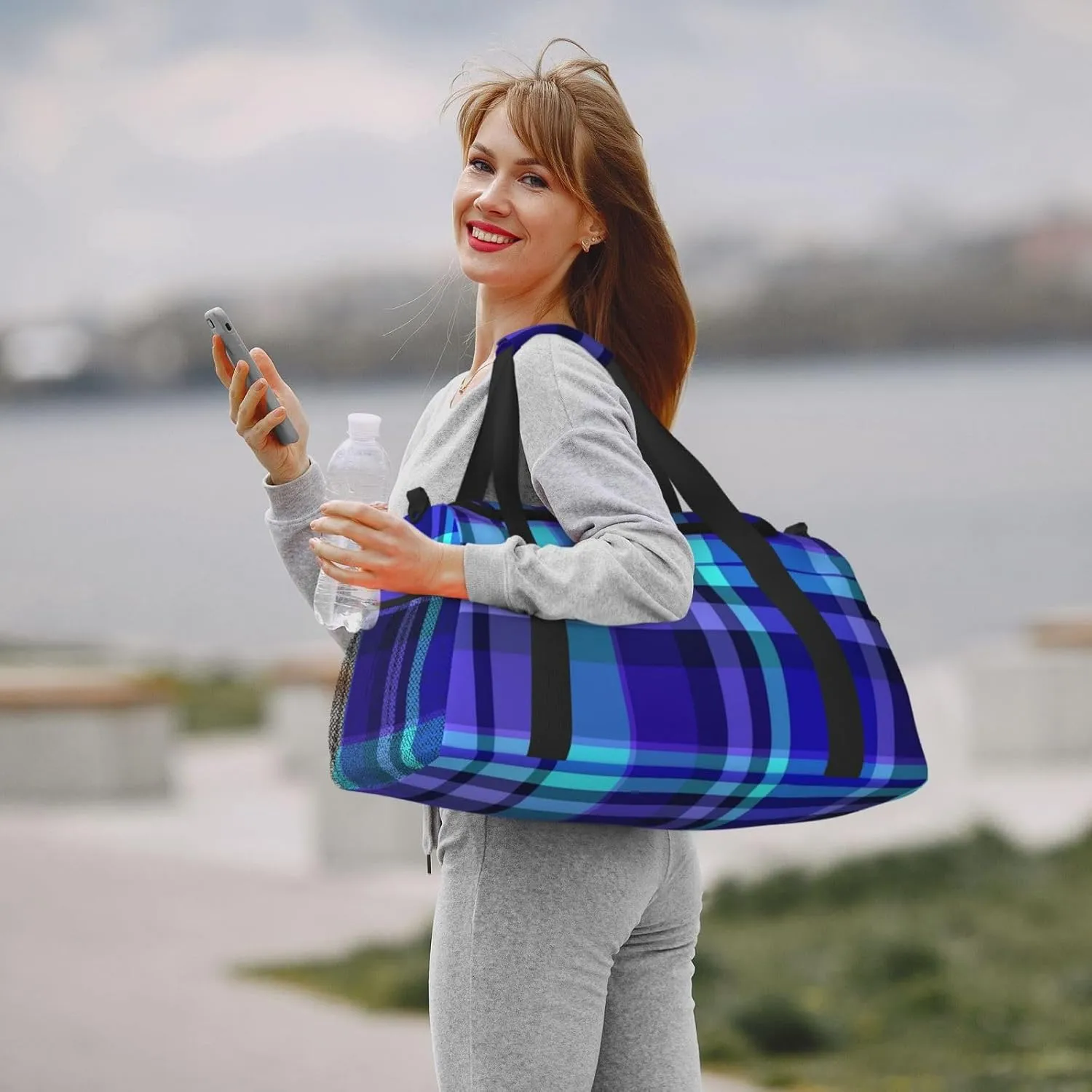 Blue Plaid Travel Duffel Bag Large Foldable Waterproof Overnight Bag For Beach Swim Bags Pool Sports Gym