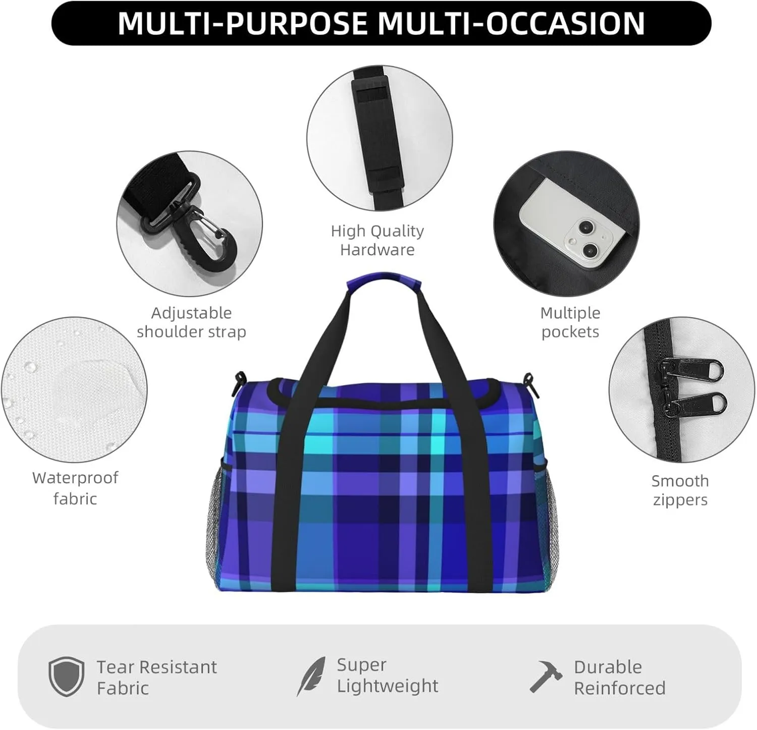 Blue Plaid Travel Duffel Bag Large Foldable Waterproof Overnight Bag For Beach Swim Bags Pool Sports Gym