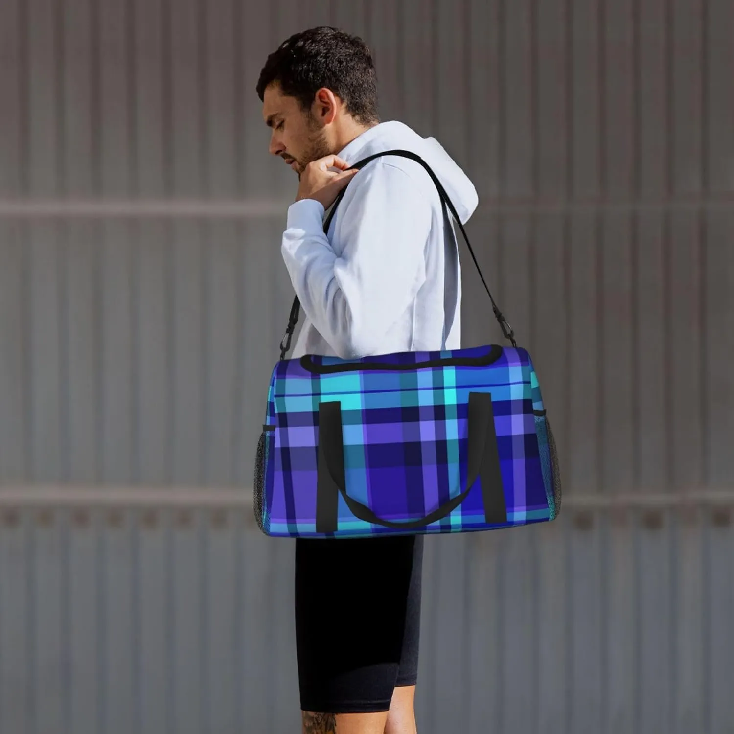 Blue Plaid Travel Duffel Bag Large Foldable Waterproof Overnight Bag For Beach Swim Bags Pool Sports Gym