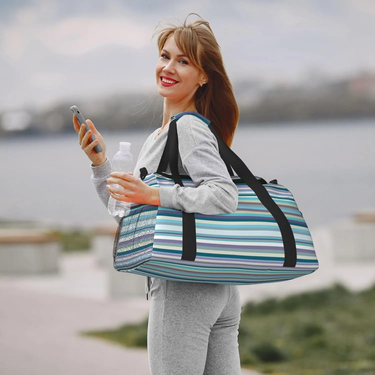 Blue, White And Yellow Lines Travel Duffel Bag Large Foldable Waterproof Overnight Bag For Beach Swim Bags Pool Sports Gym