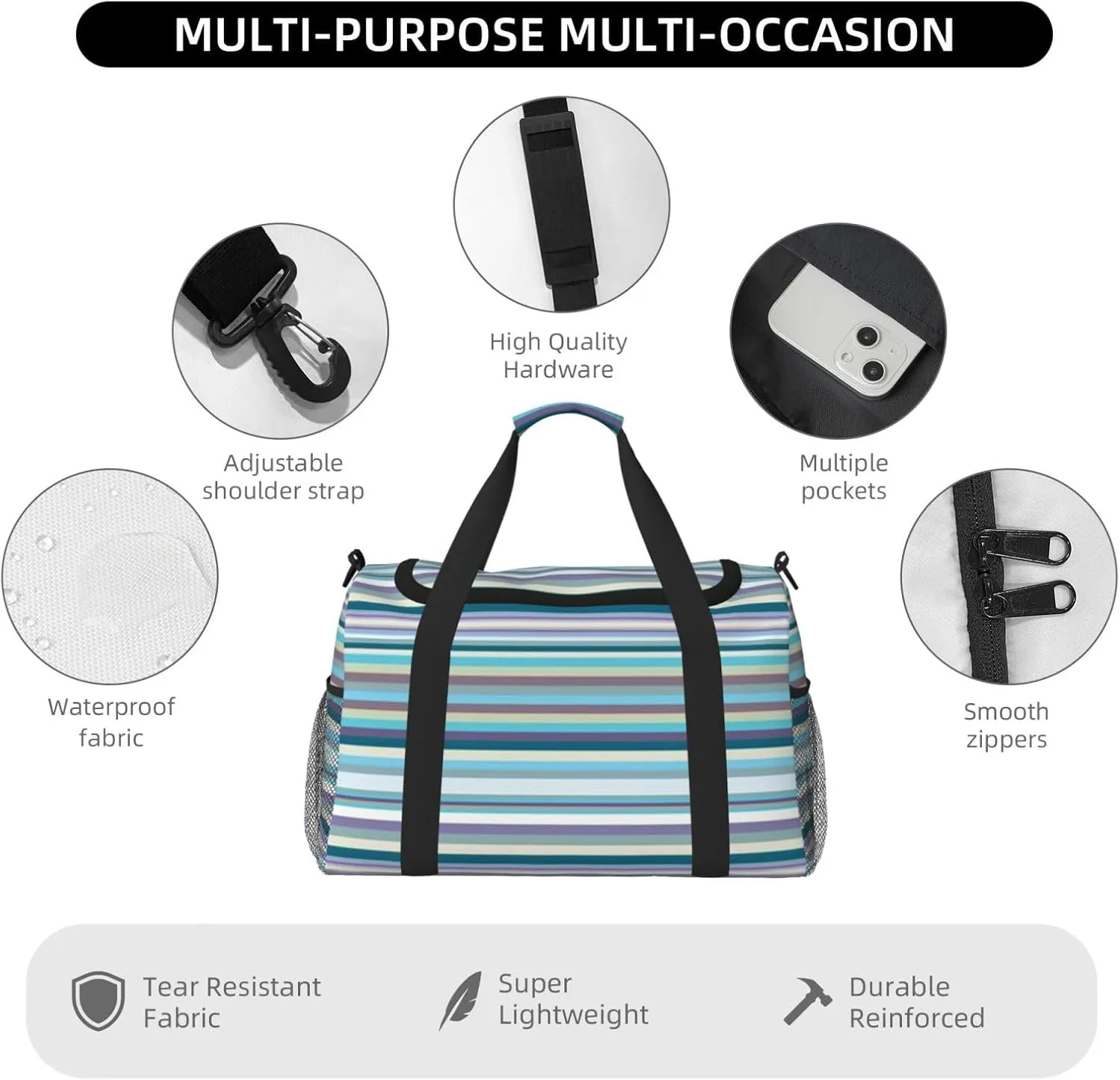 Blue, White And Yellow Lines Travel Duffel Bag Large Foldable Waterproof Overnight Bag For Beach Swim Bags Pool Sports Gym
