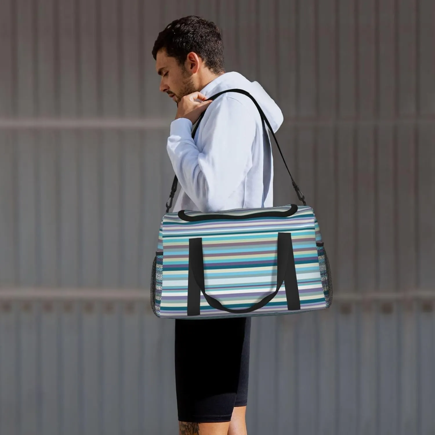 Blue, White And Yellow Lines Travel Duffel Bag Large Foldable Waterproof Overnight Bag For Beach Swim Bags Pool Sports Gym