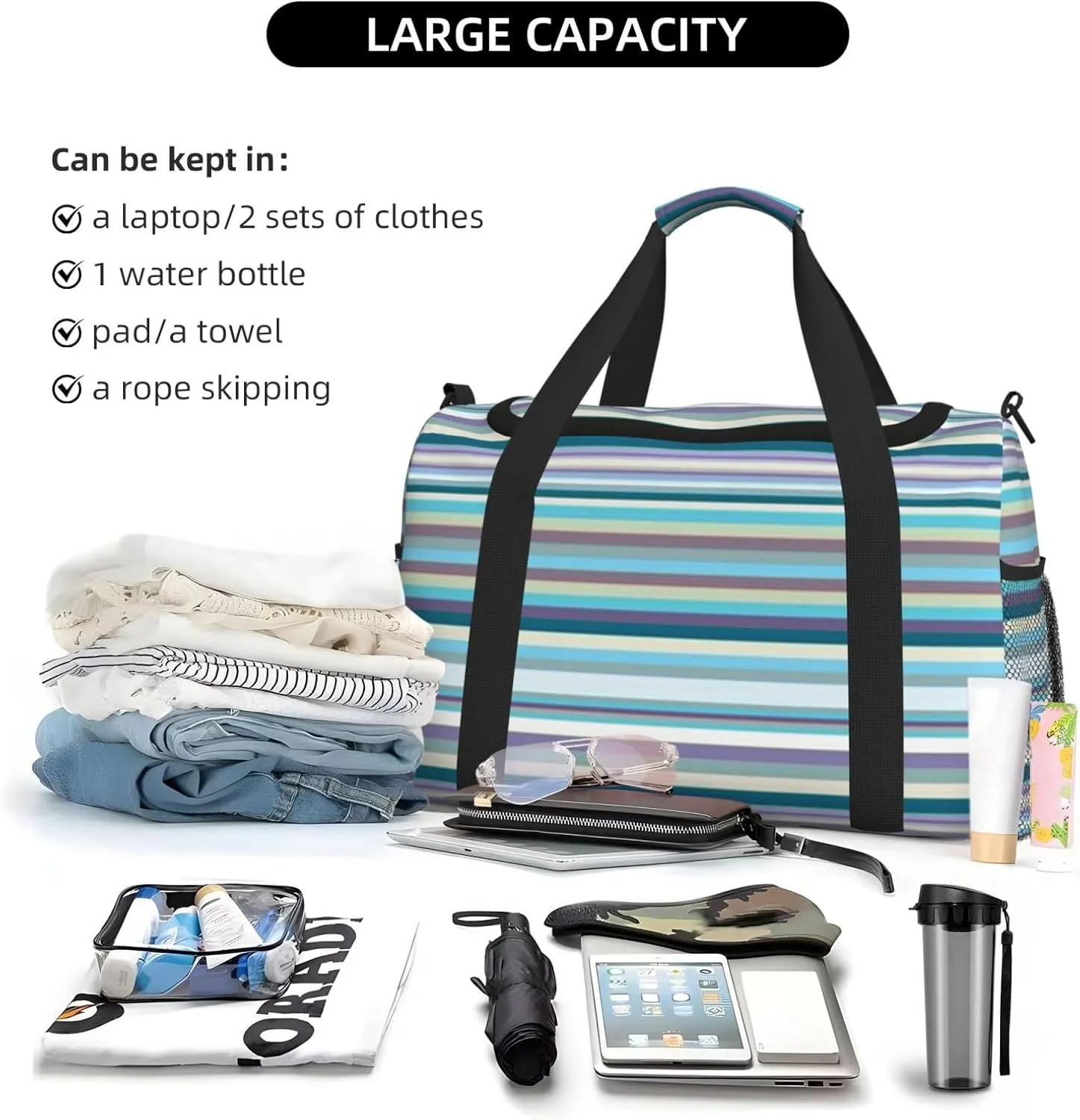 Blue, White And Yellow Lines Travel Duffel Bag Large Foldable Waterproof Overnight Bag For Beach Swim Bags Pool Sports Gym
